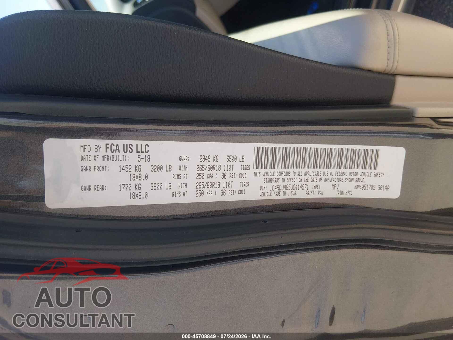 DODGE DURANGO 2018 - 1C4RDJAG5JC414971