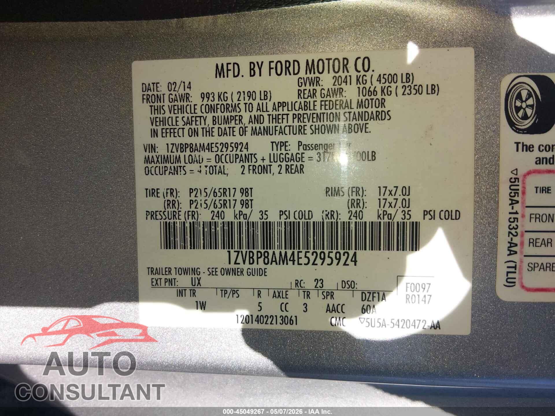 FORD MUSTANG 2014 - 1ZVBP8AM4E5295924