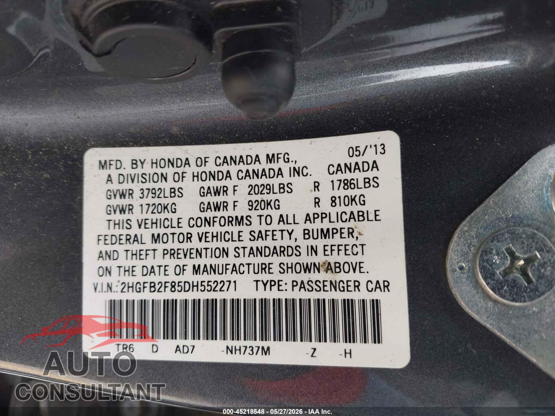 HONDA CIVIC 2013 - 2HGFB2F85DH552271