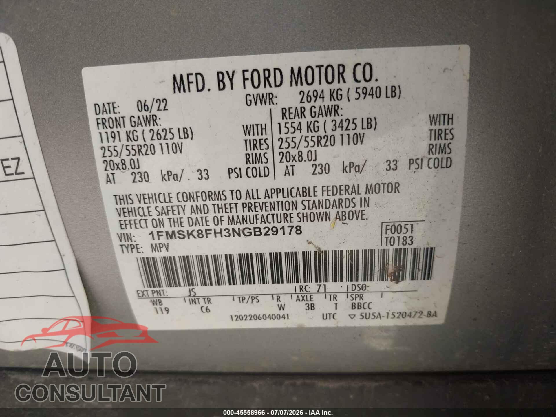 FORD EXPLORER 2022 - 1FMSK8FH3NGB29178