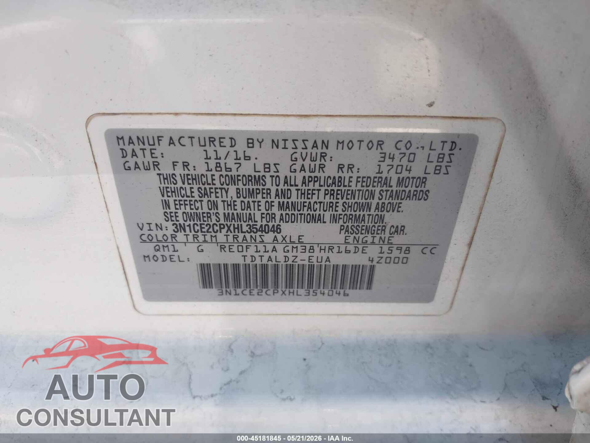 NISSAN VERSA NOTE 2017 - 3N1CE2CPXHL354046