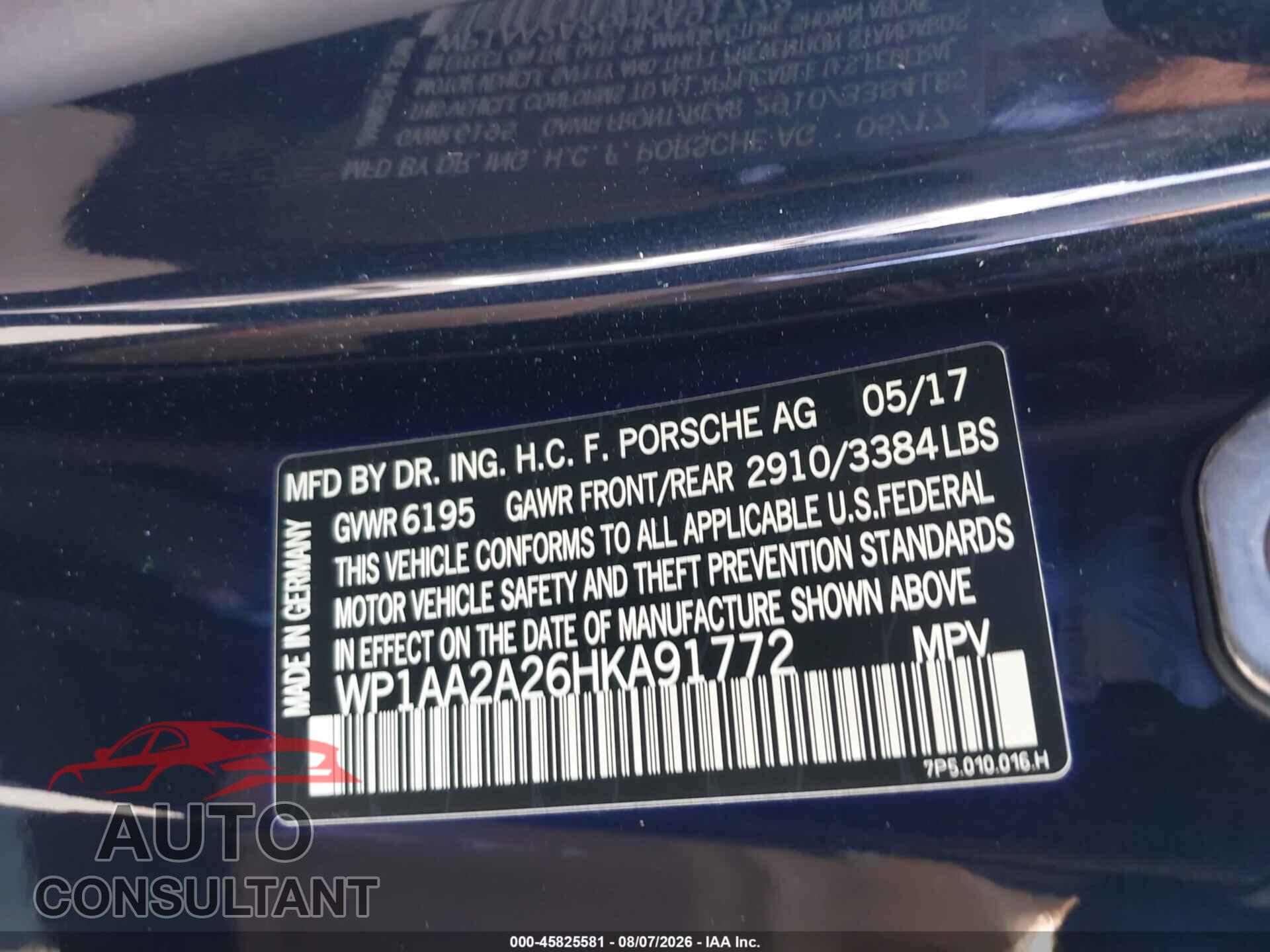 PORSCHE CAYENNE 2017 - WP1AA2A26HKA91772