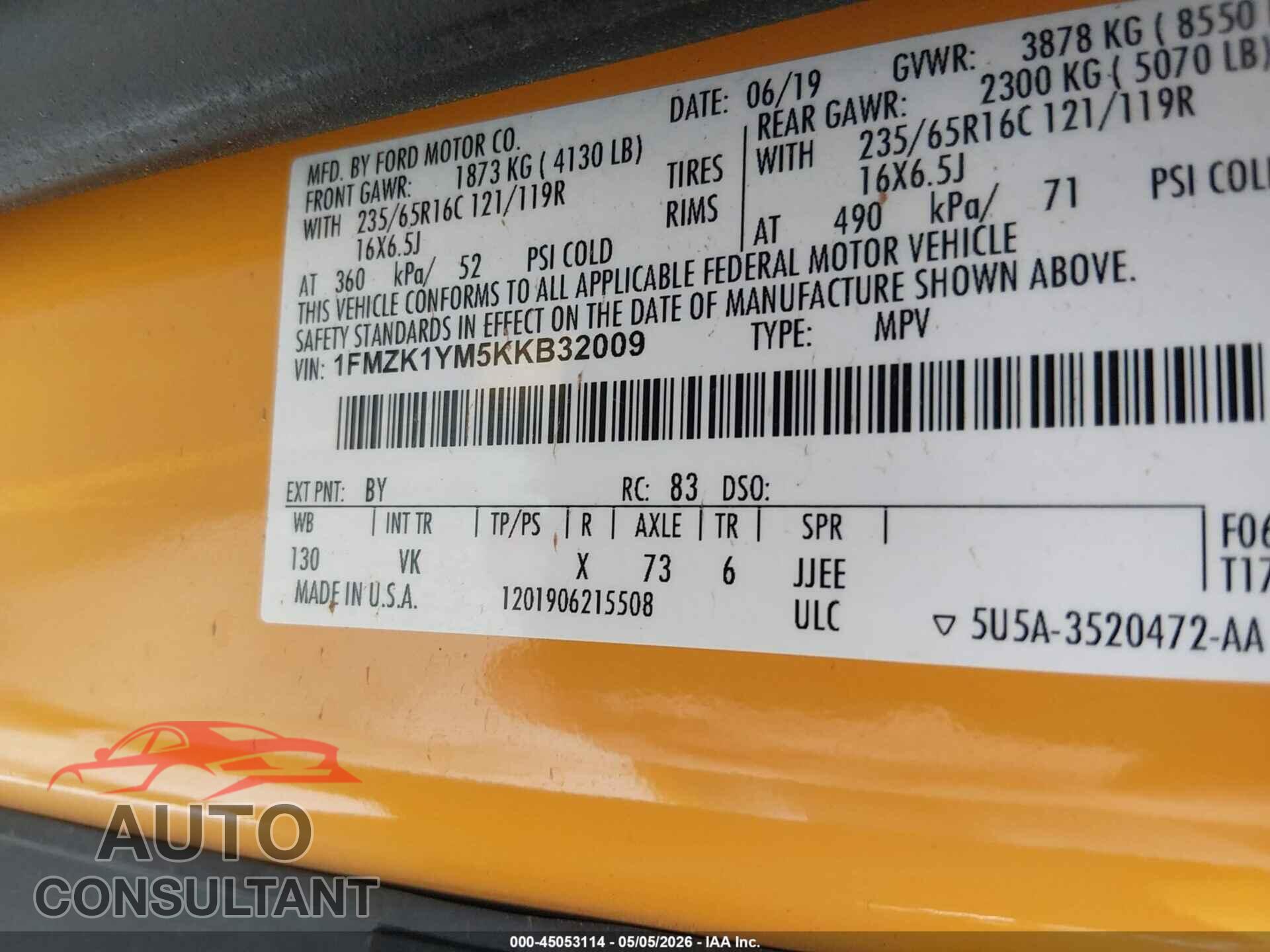 FORD TRANSIT-150 2019 - 1FMZK1YM5KKB32009