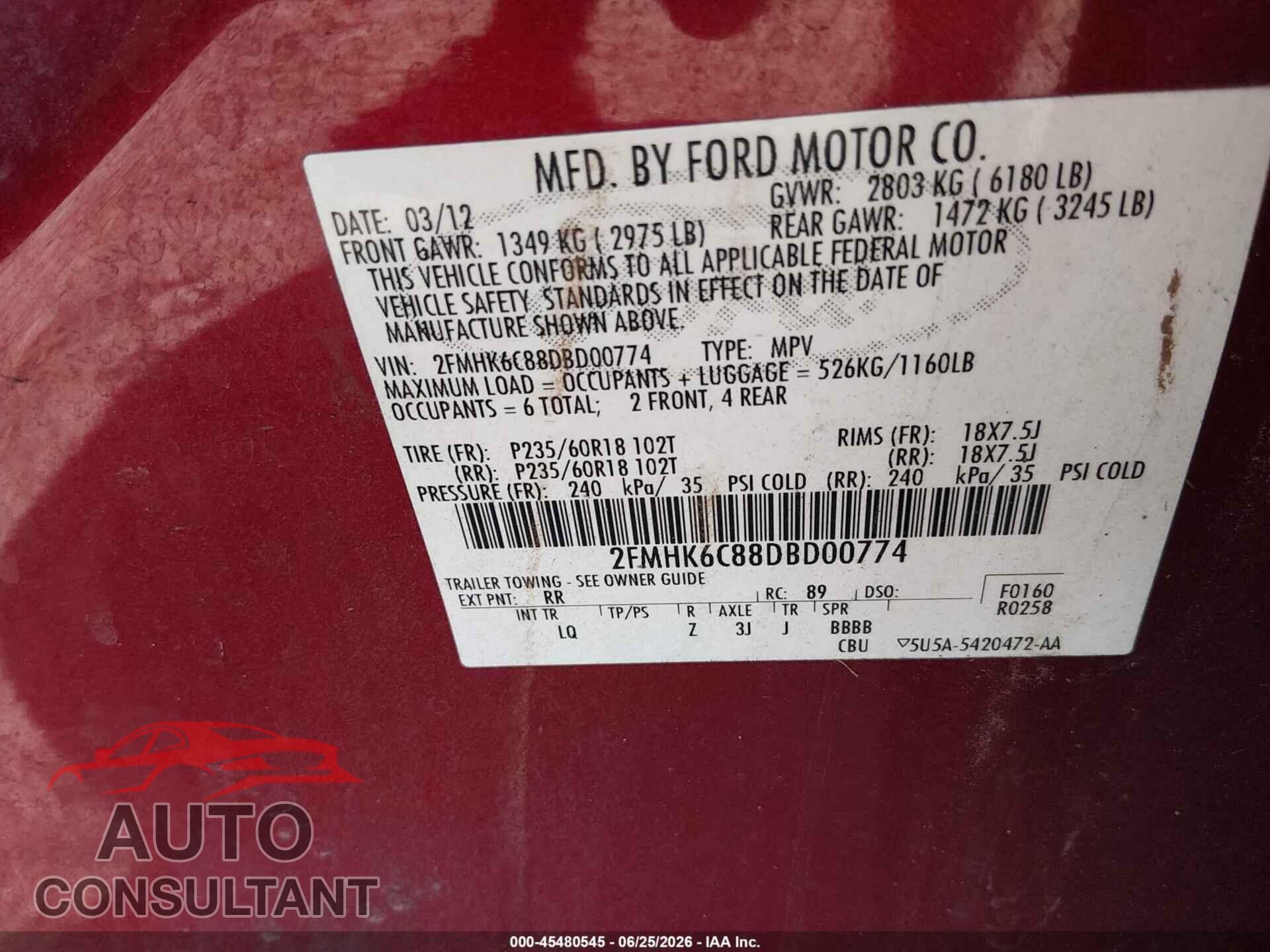 FORD FLEX 2013 - 2FMHK6C88DBD00774