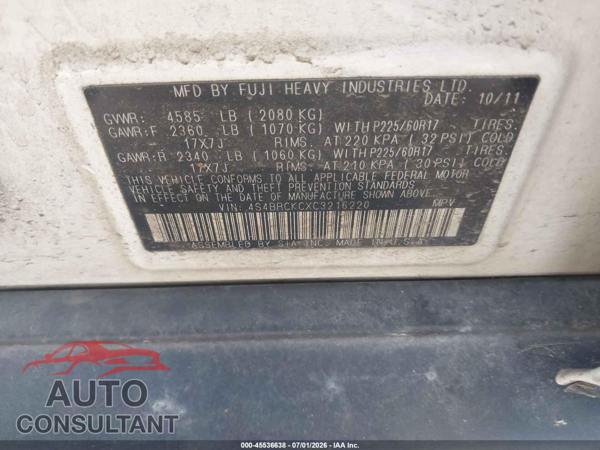 SUBARU OUTBACK 2012 - 4S4BRCKCXC3216220