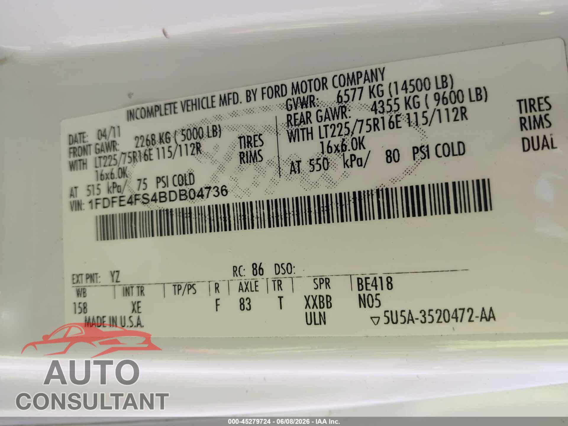 FORD E-450 CUTAWAY 2011 - 1FDFE4FS4BDB04736