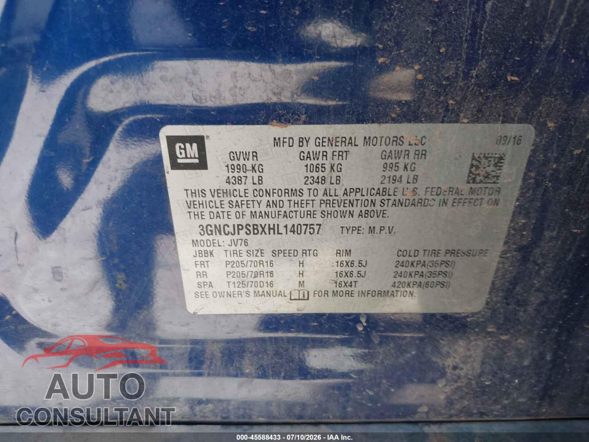 CHEVROLET TRAX 2017 - 3GNCJPSBXHL140757