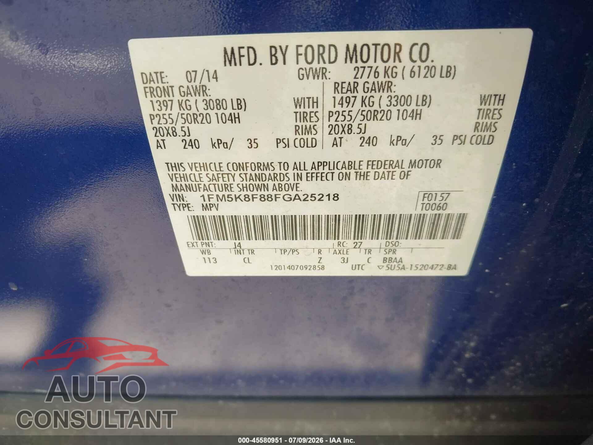 FORD EXPLORER 2015 - 1FM5K8F88FGA25218