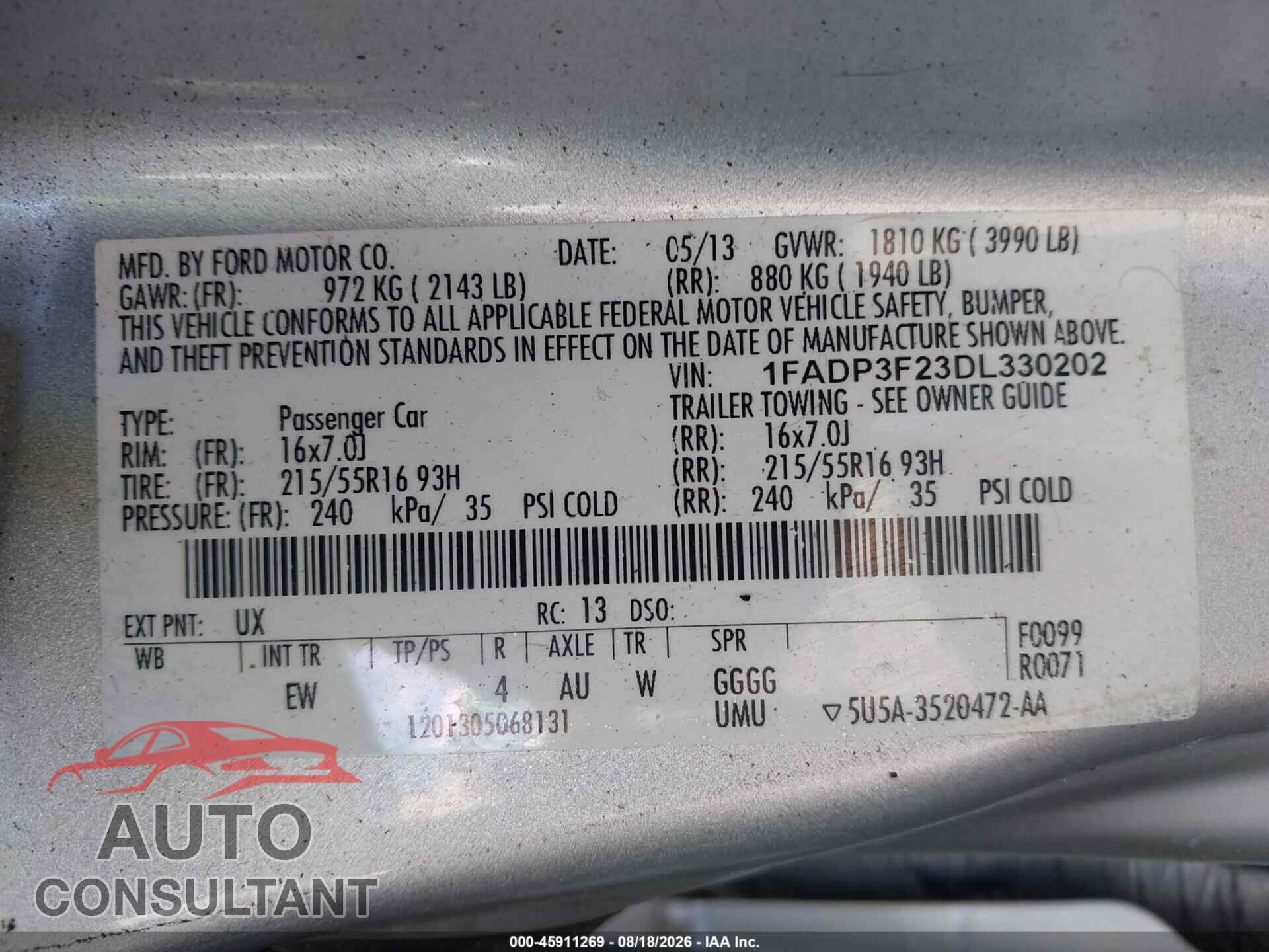FORD FOCUS 2013 - 1FADP3F23DL330202