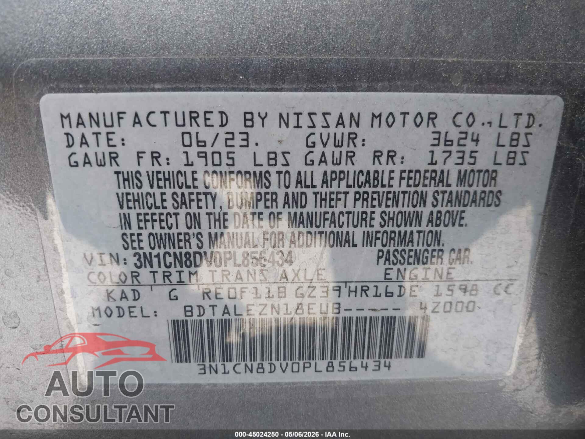 NISSAN VERSA 2023 - 3N1CN8DV0PL856434
