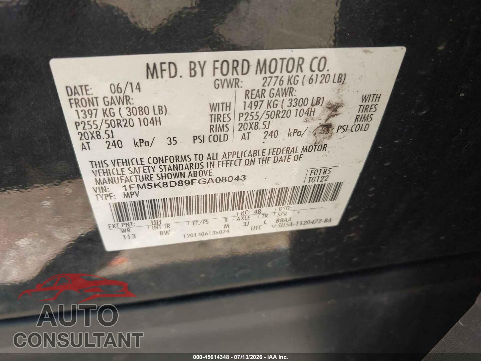 FORD EXPLORER 2015 - 1FM5K8D89FGA08043
