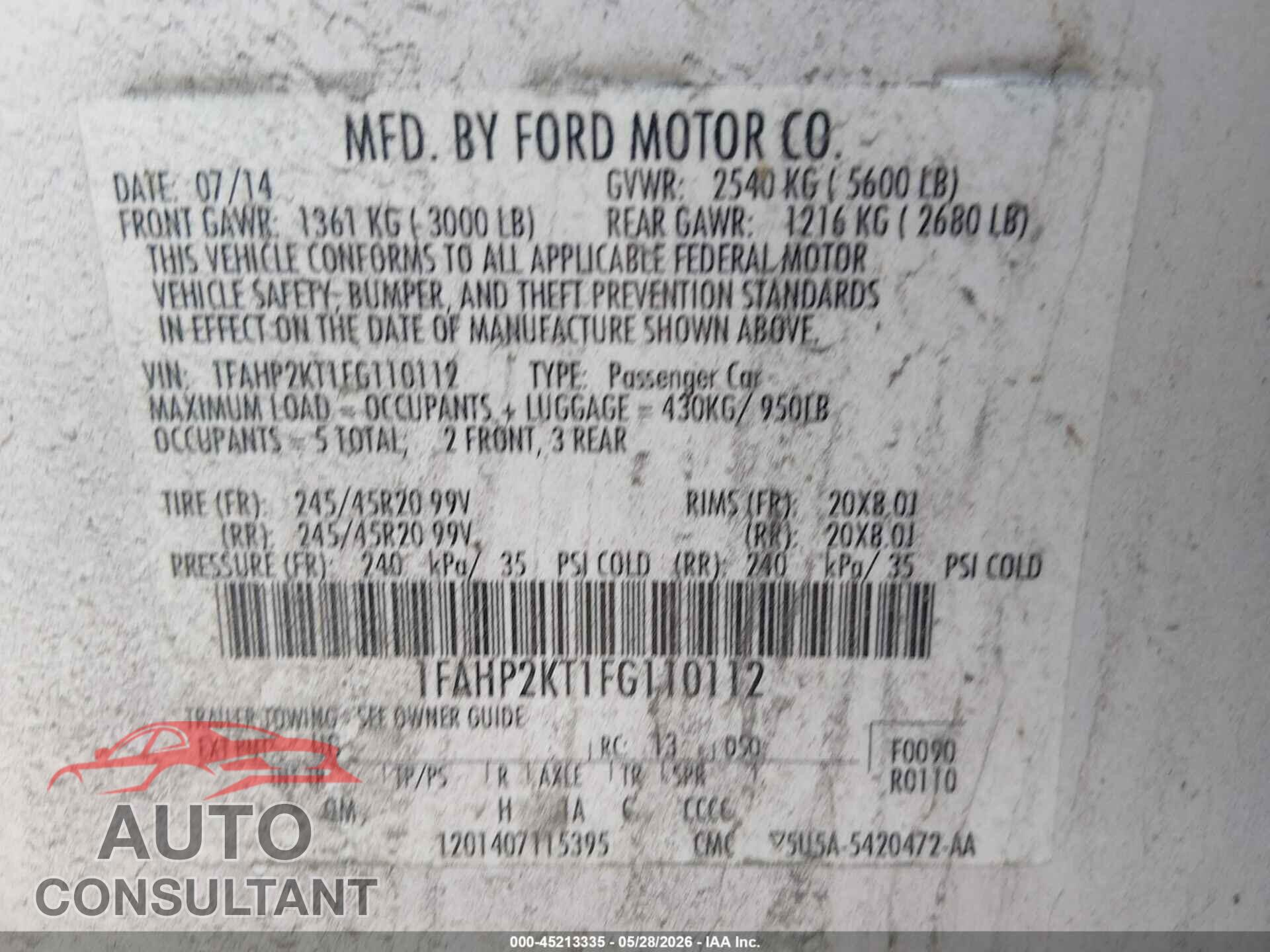 FORD TAURUS 2015 - 1FAHP2KT1FG110112