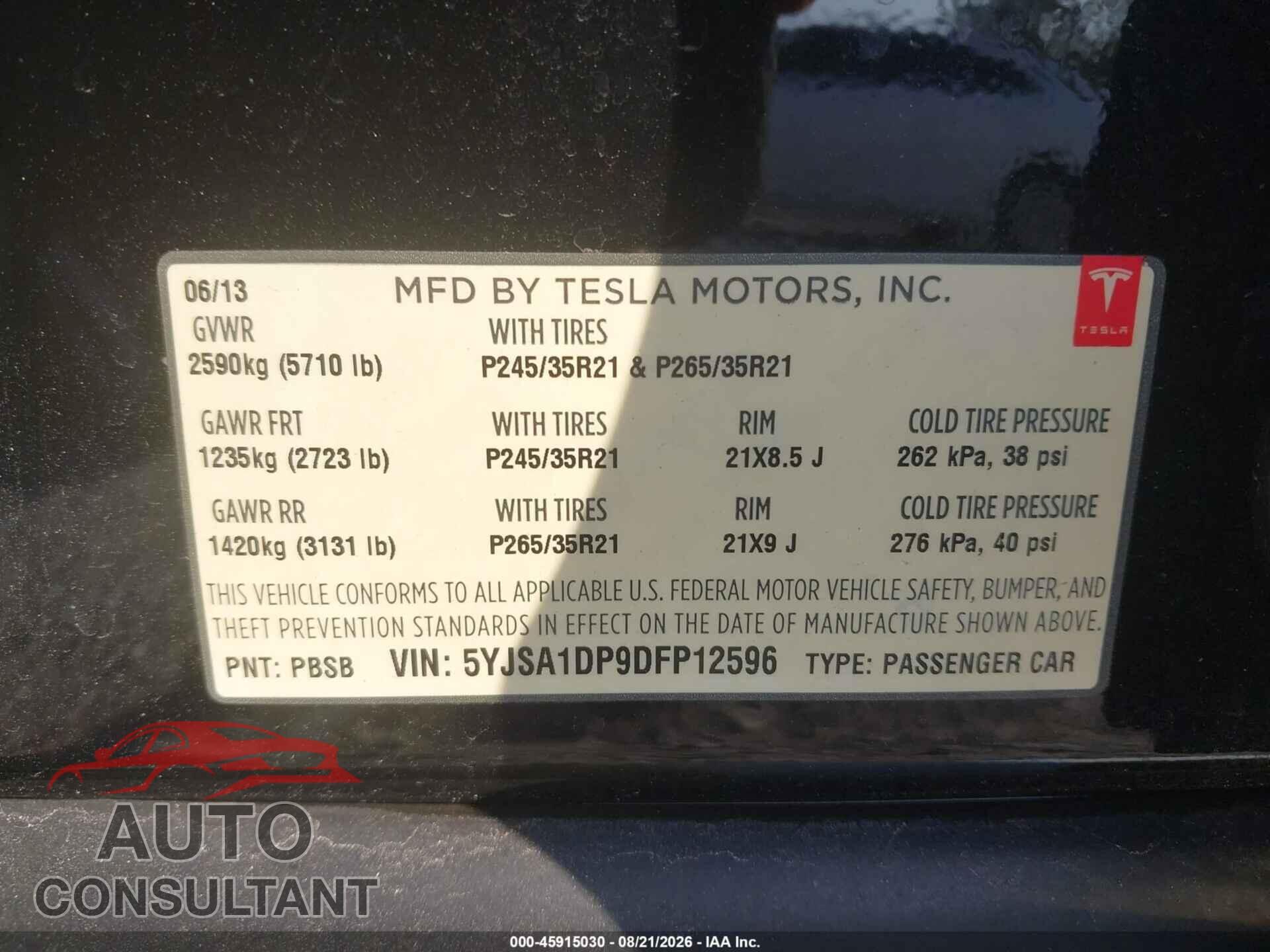 TESLA MODEL S 2013 - 5YJSA1DP9DFP12596