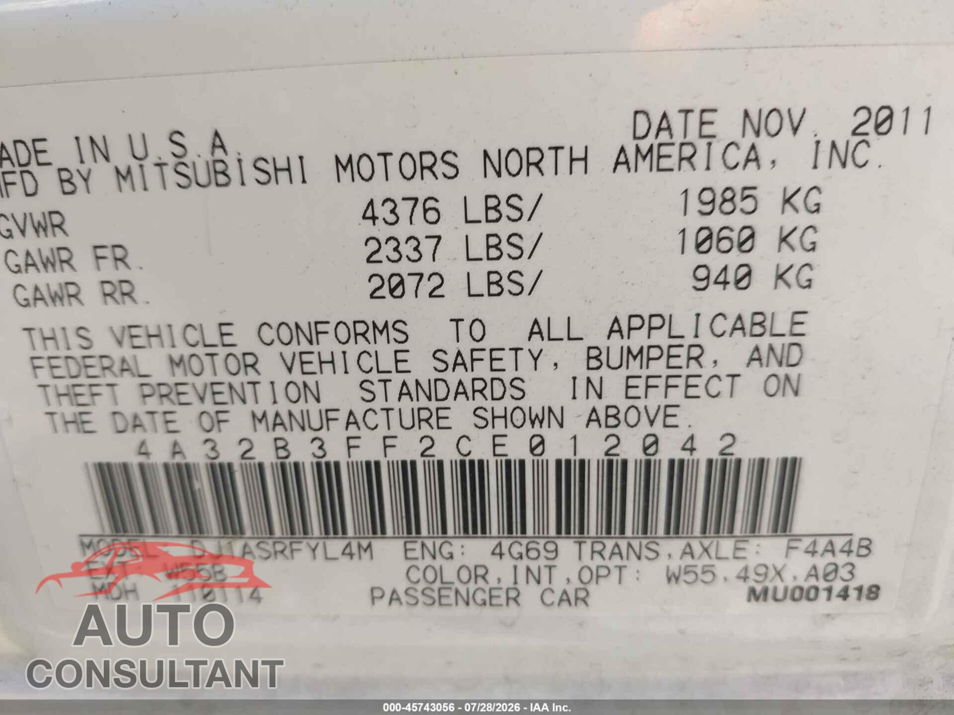 MITSUBISHI GALANT 2012 - 4A32B3FF2CE012042