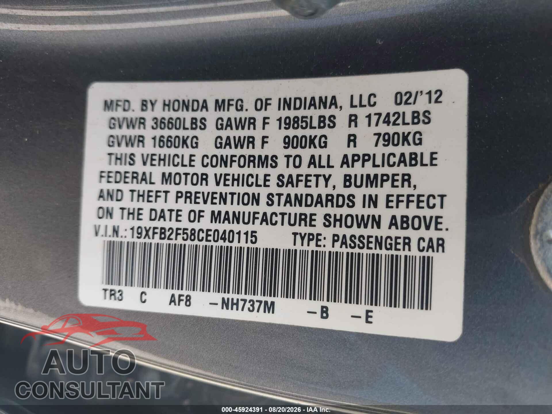 HONDA CIVIC 2012 - 19XFB2F58CE040115