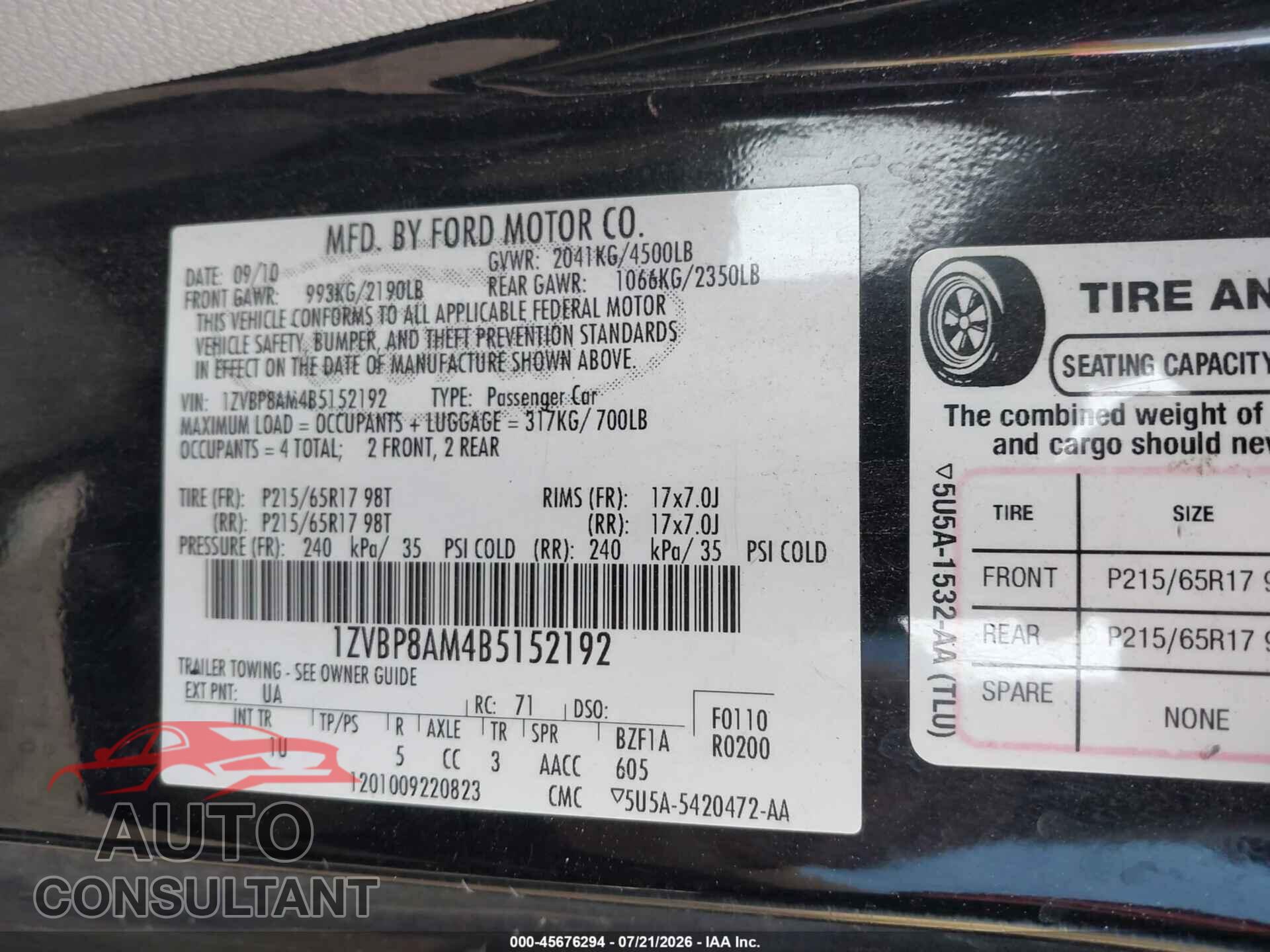 FORD MUSTANG 2011 - 1ZVBP8AM4B5152192