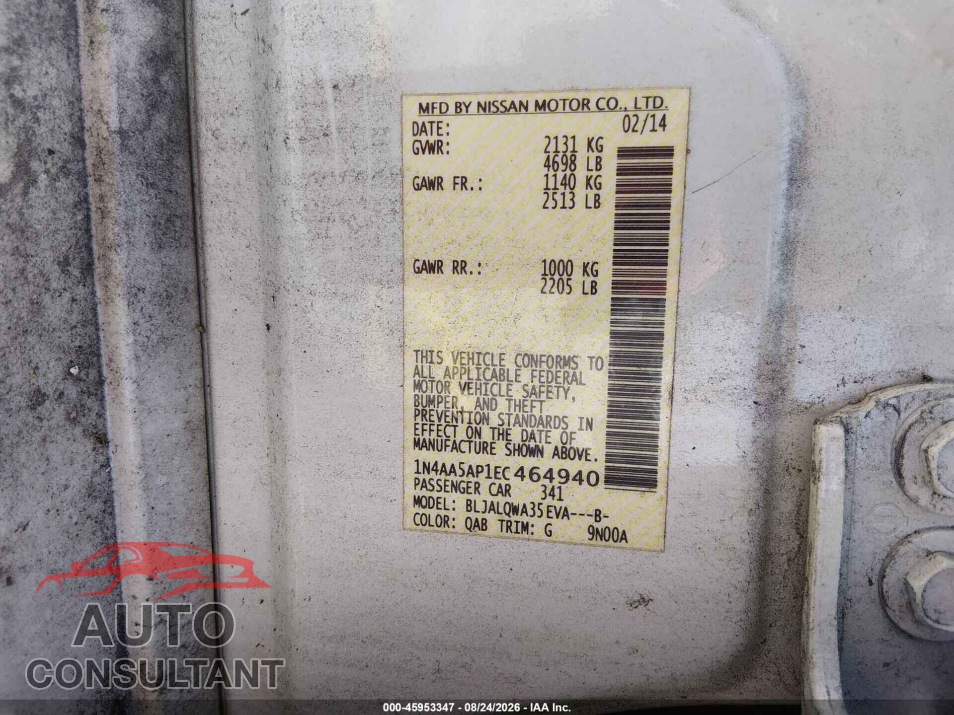 NISSAN MAXIMA 2014 - 1N4AA5AP1EC464940
