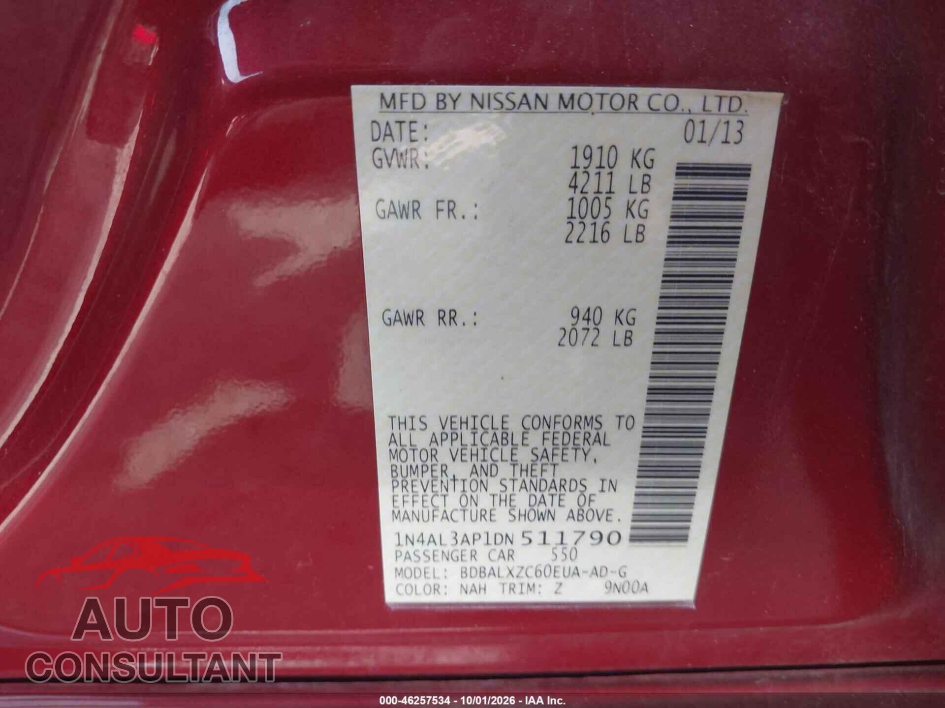 NISSAN ALTIMA 2013 - 1N4AL3AP1DN511790