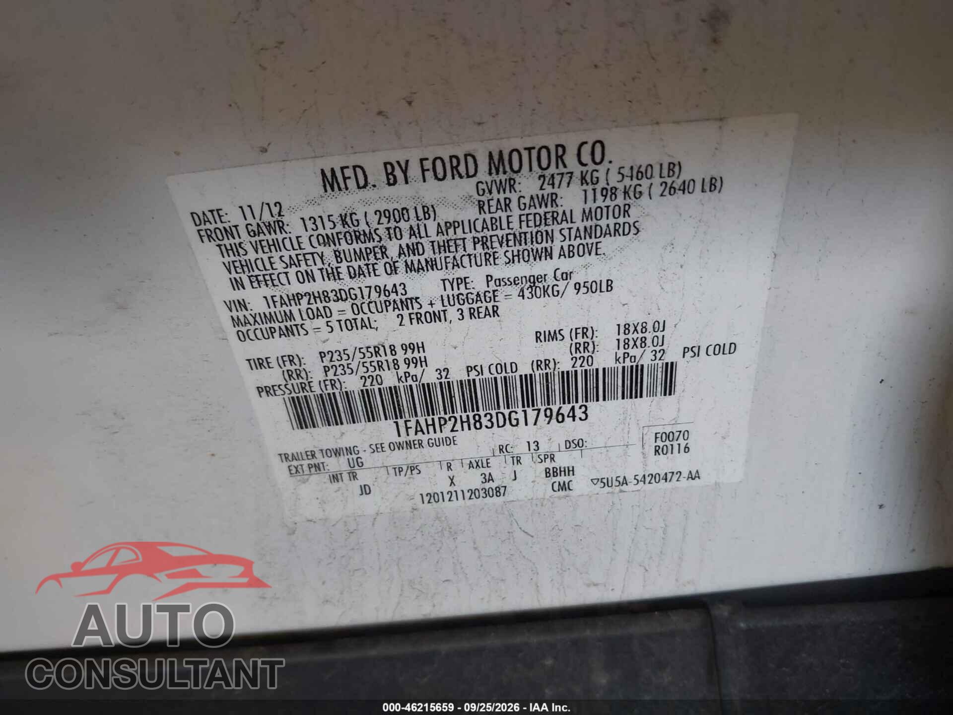 FORD TAURUS 2013 - 1FAHP2H83DG179643