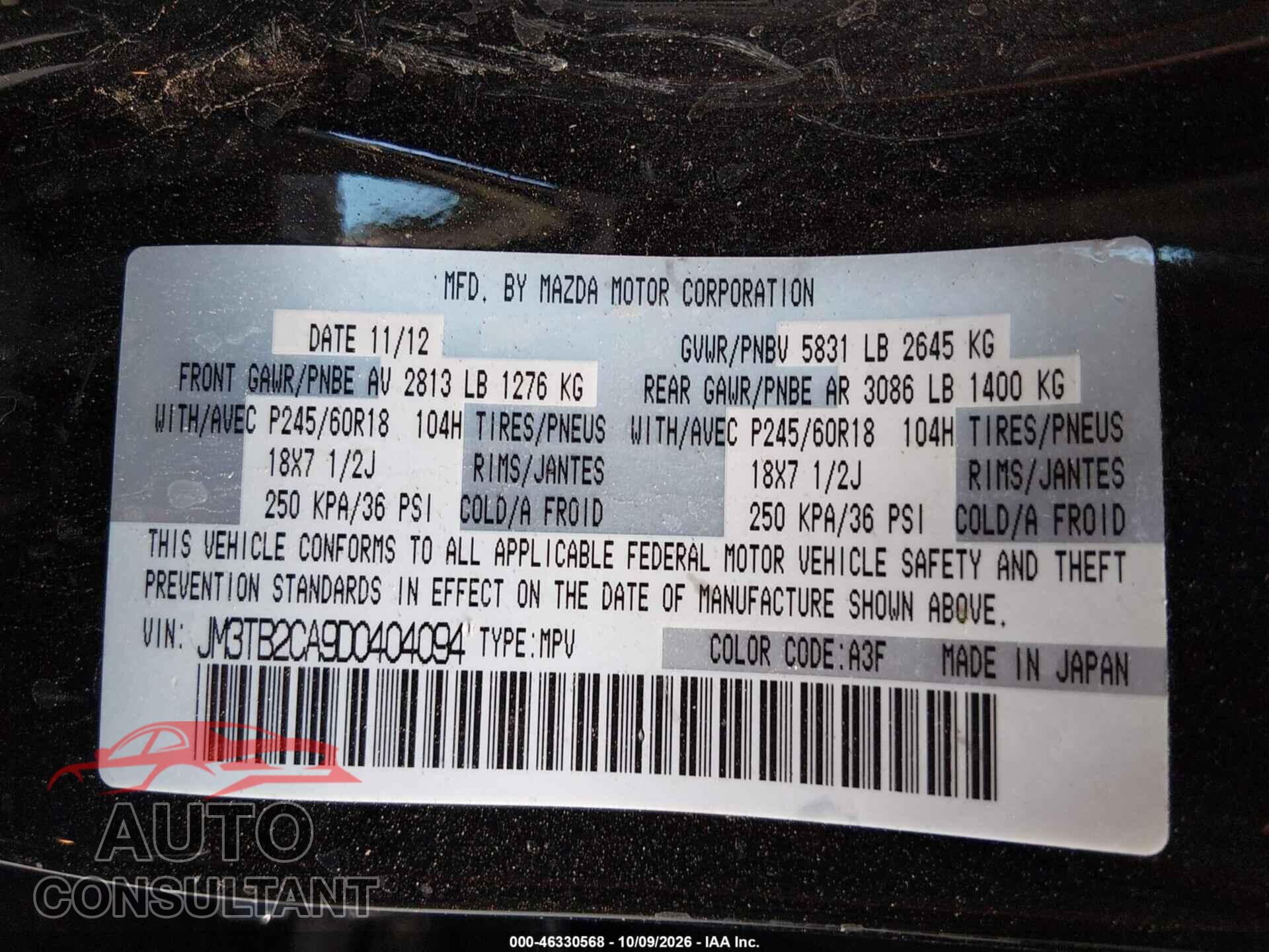MAZDA CX-9 2013 - JM3TB2CA9D0404094