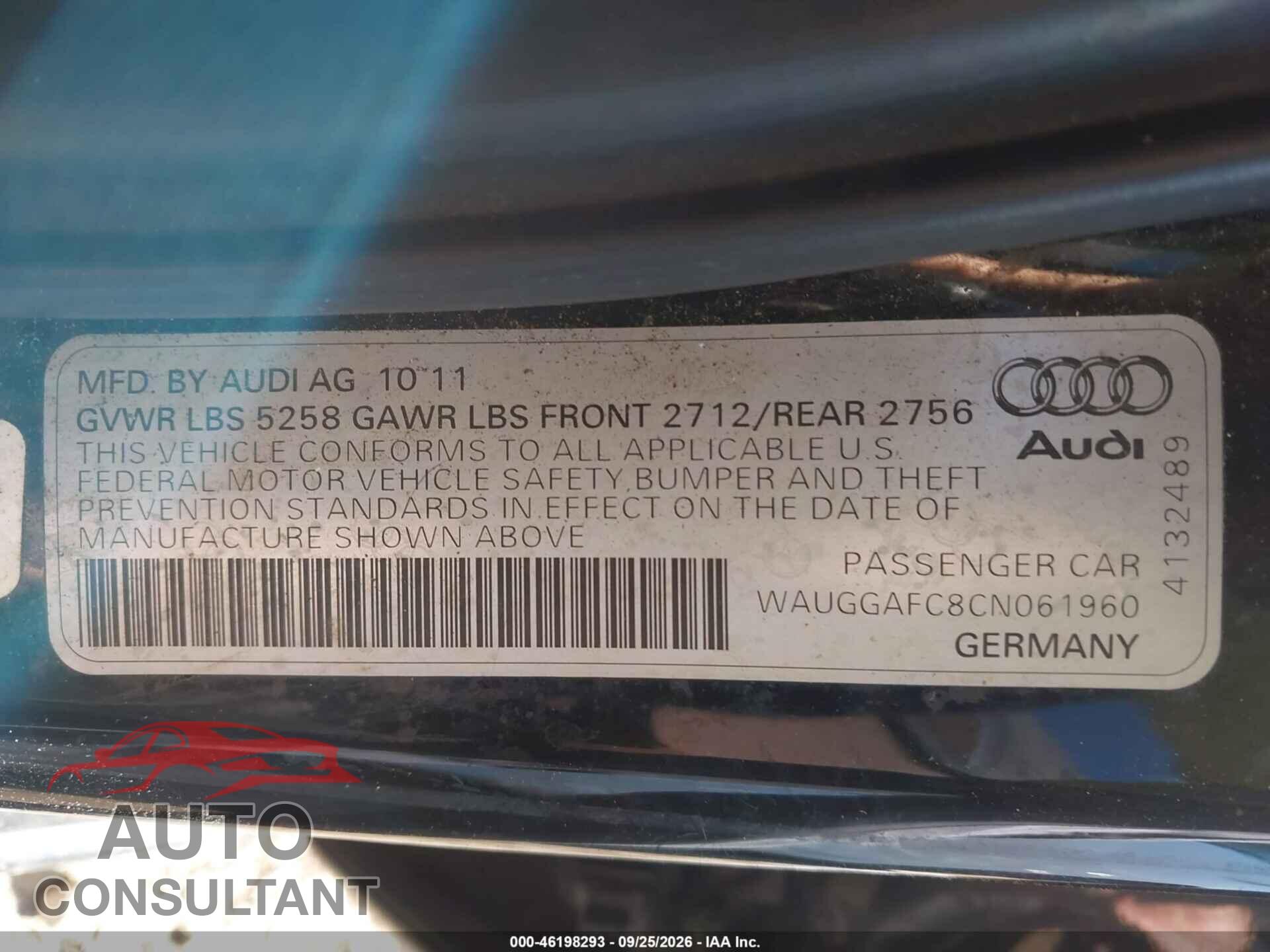 AUDI A6 2012 - WAUGGAFC8CN061960
