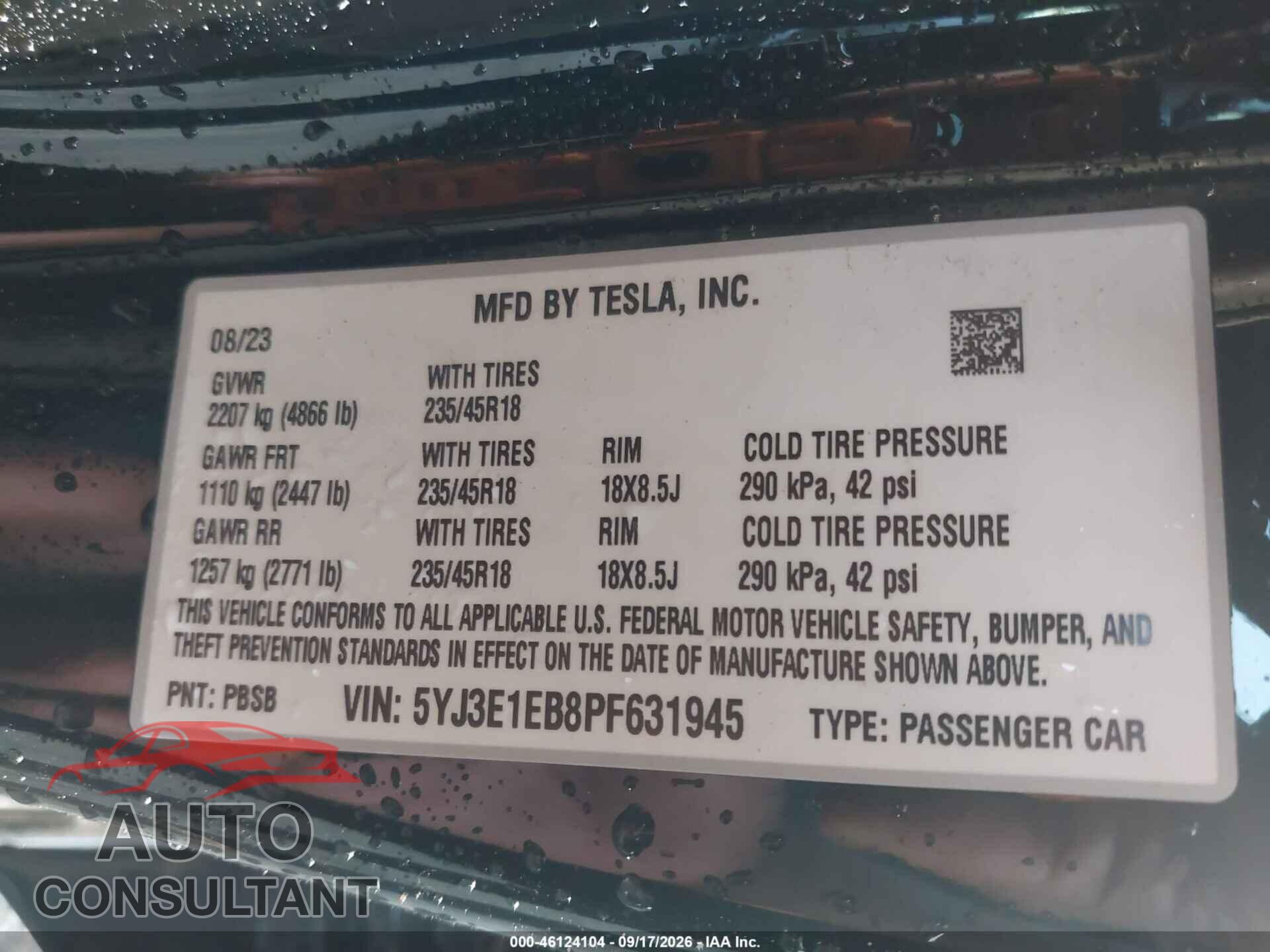 TESLA MODEL 3 2023 - 5YJ3E1EB8PF631945