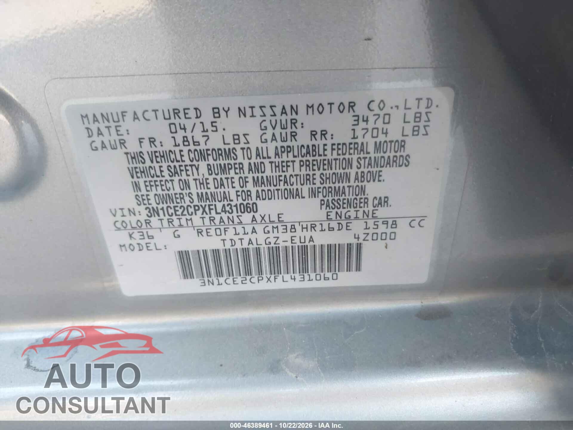 NISSAN VERSA NOTE 2015 - 3N1CE2CPXFL431060