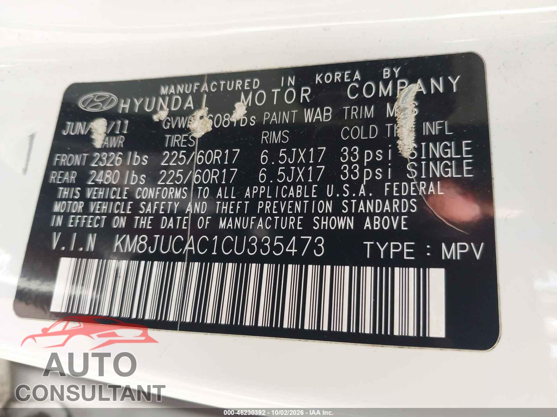 HYUNDAI TUCSON 2012 - KM8JUCAC1CU335473