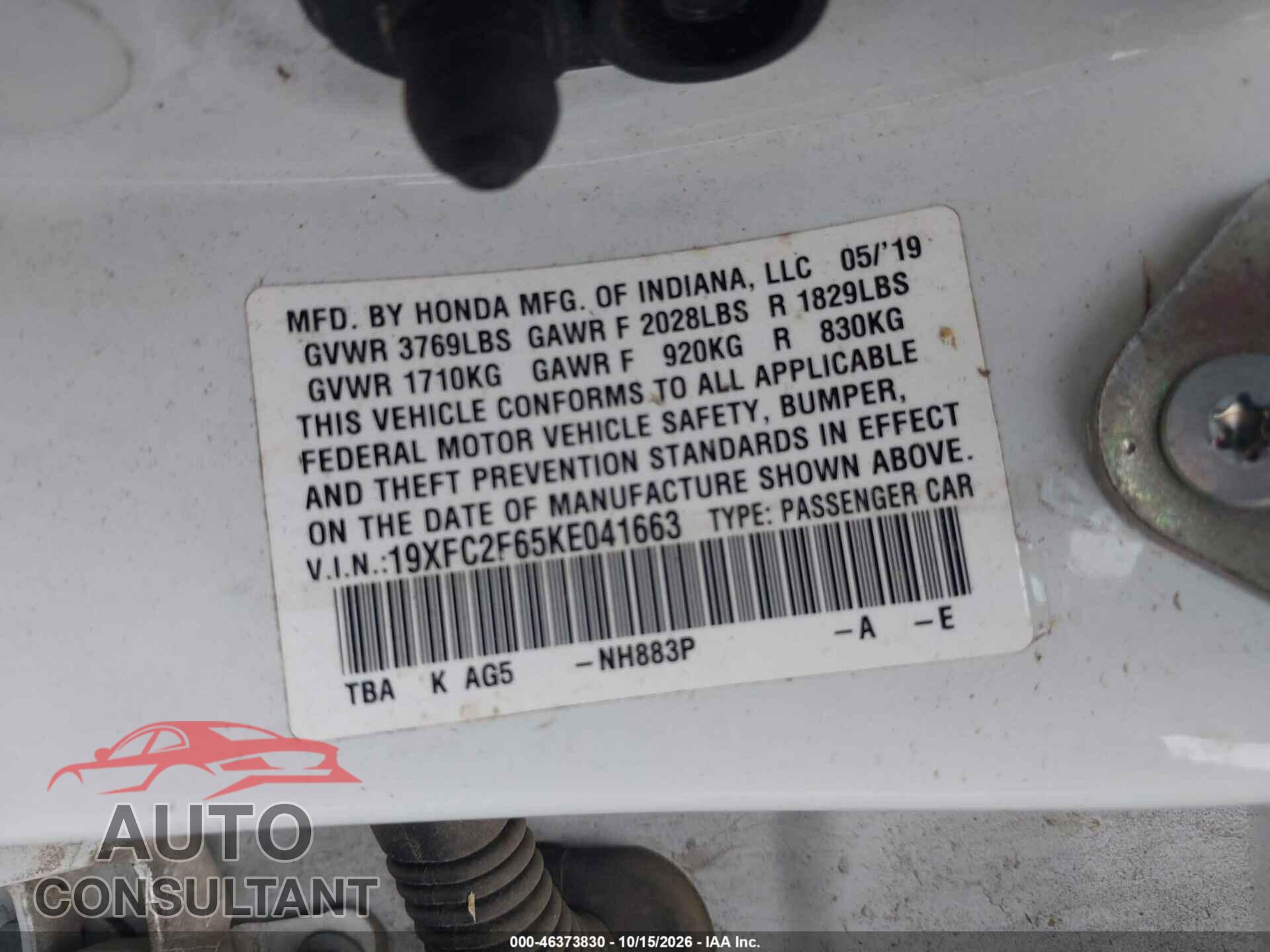 HONDA CIVIC 2019 - 19XFC2F65KE041663