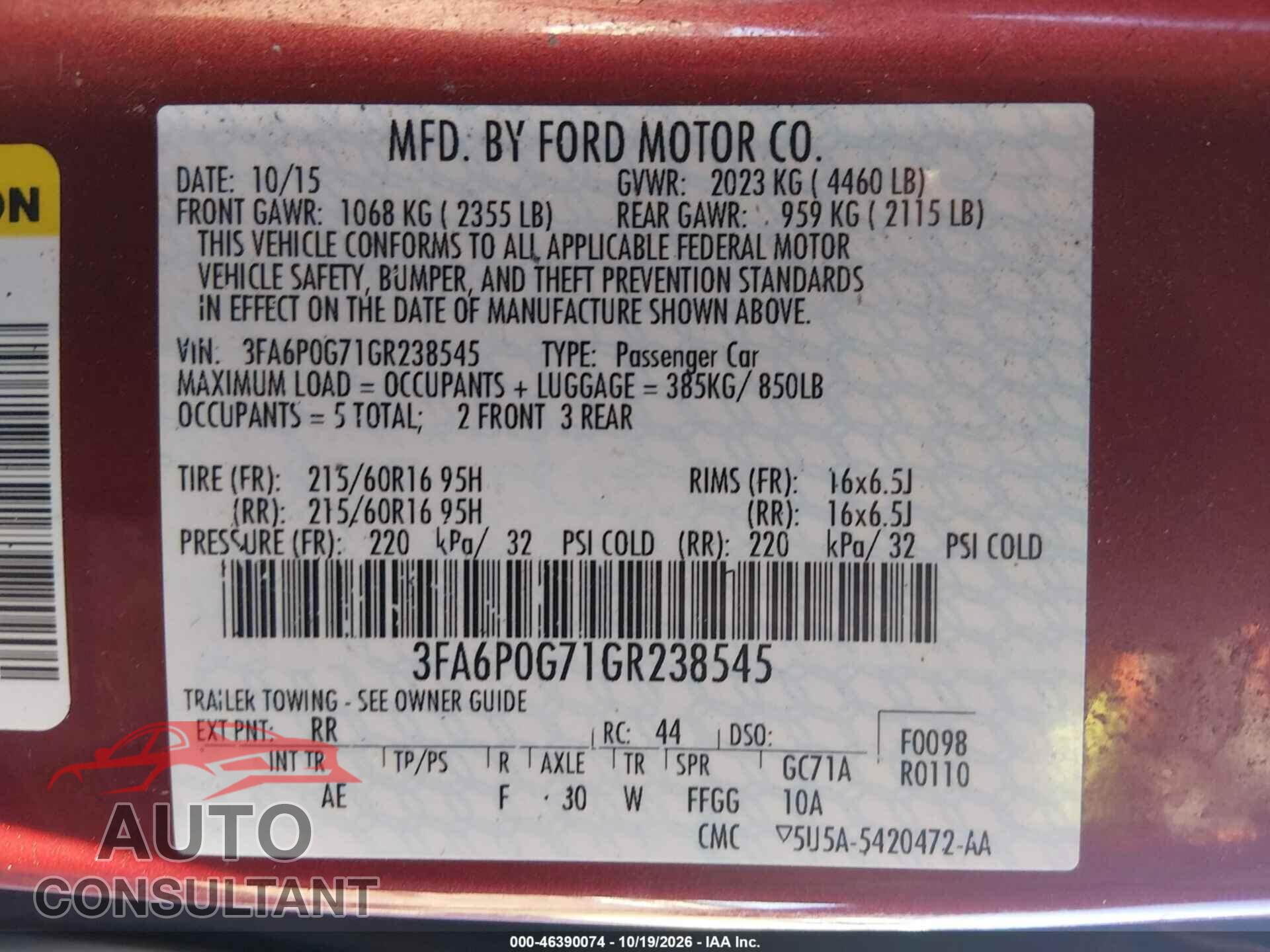 FORD FUSION 2016 - 3FA6P0G71GR238545