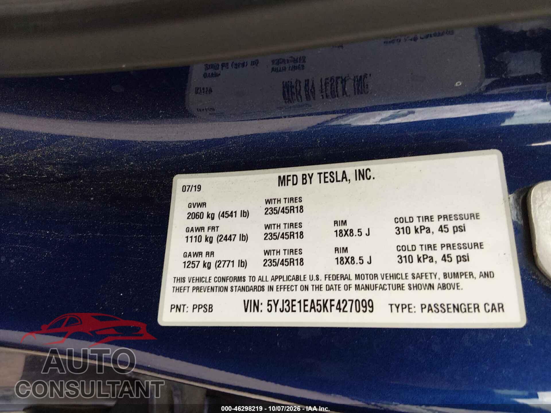 TESLA MODEL 3 2019 - 5YJ3E1EA5KF427099