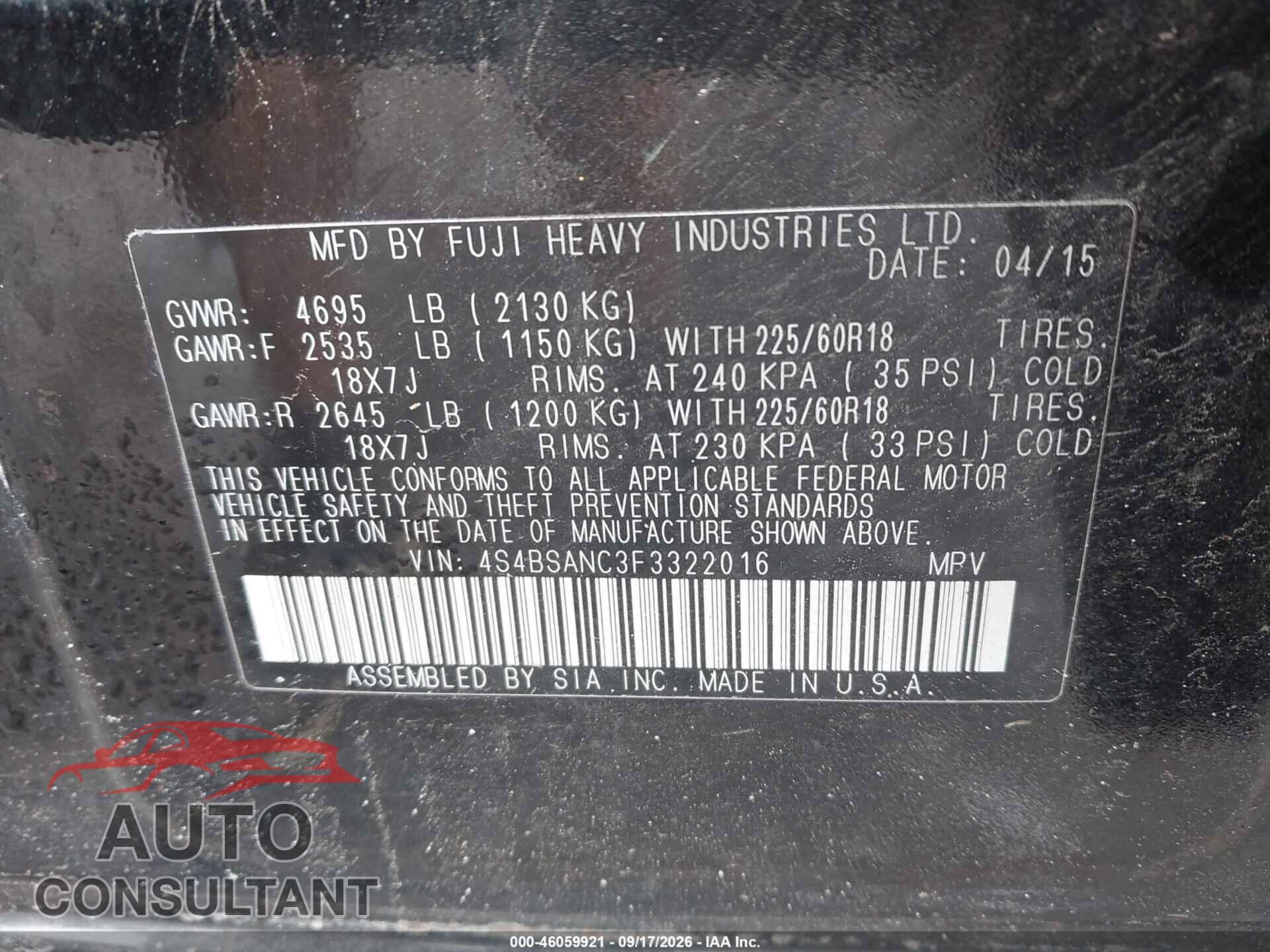 SUBARU OUTBACK 2015 - 4S4BSANC3F3322016