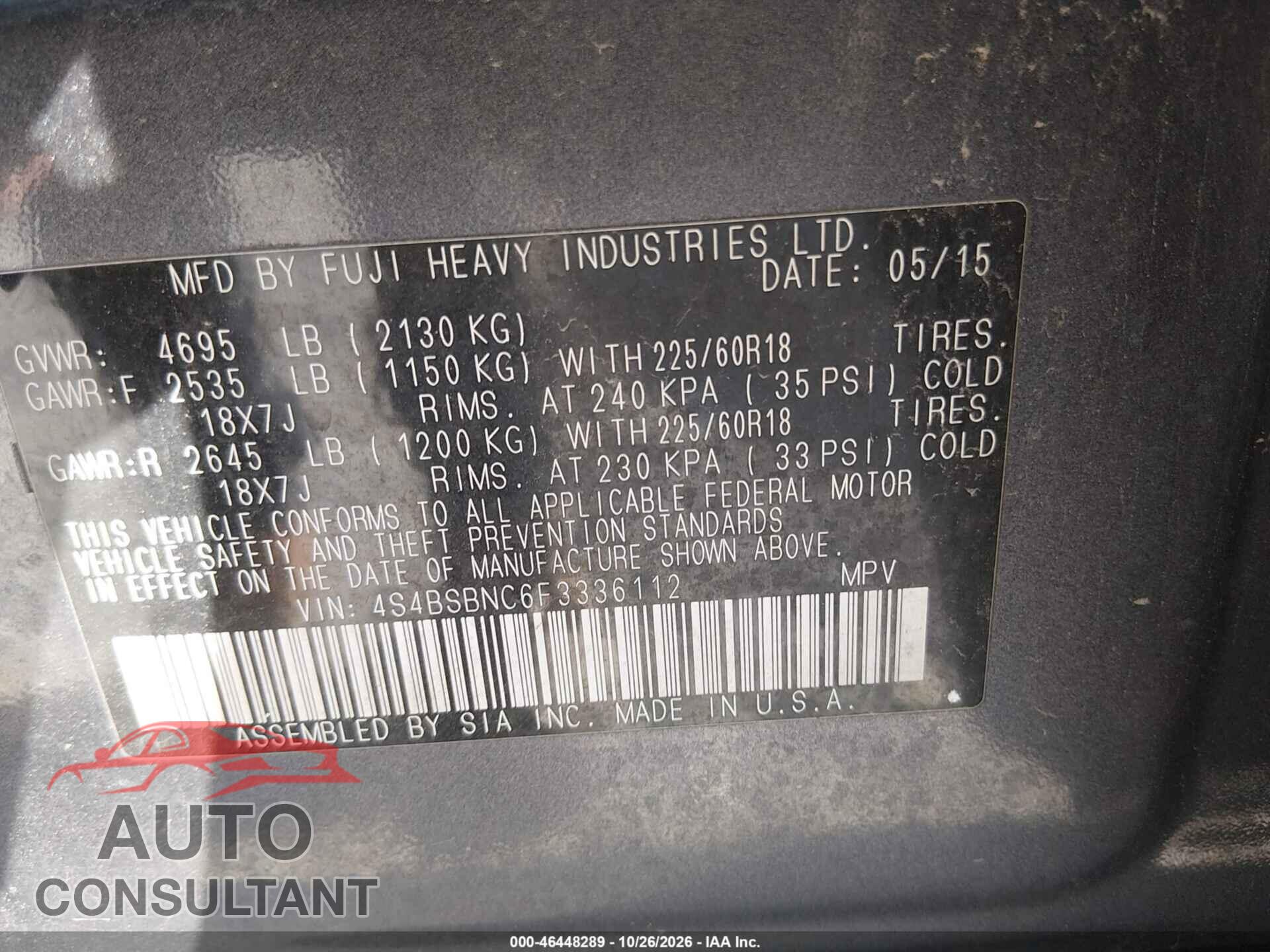 SUBARU OUTBACK 2015 - 4S4BSBNC6F3336112