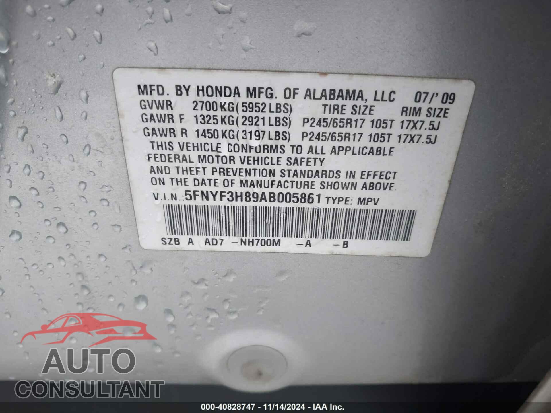 HONDA PILOT 2010 - 5FNYF3H89AB005861