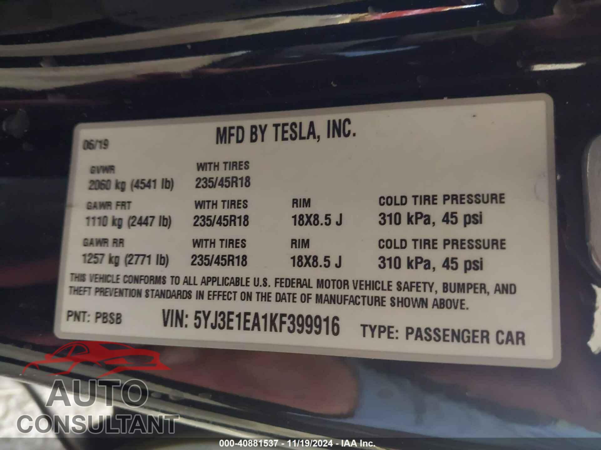 TESLA MODEL 3 2019 - 5YJ3E1EA1KF399916