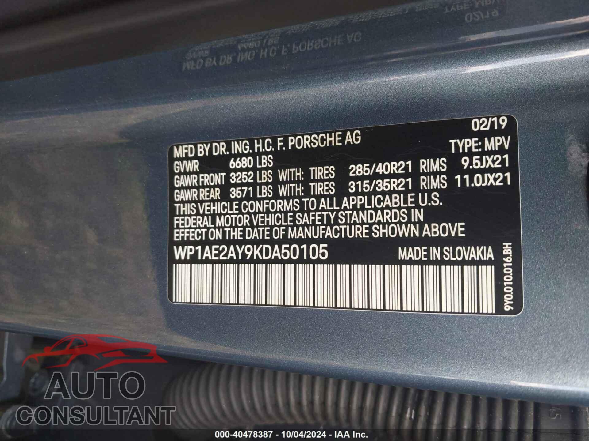 PORSCHE CAYENNE 2019 - WP1AE2AY9KDA50105