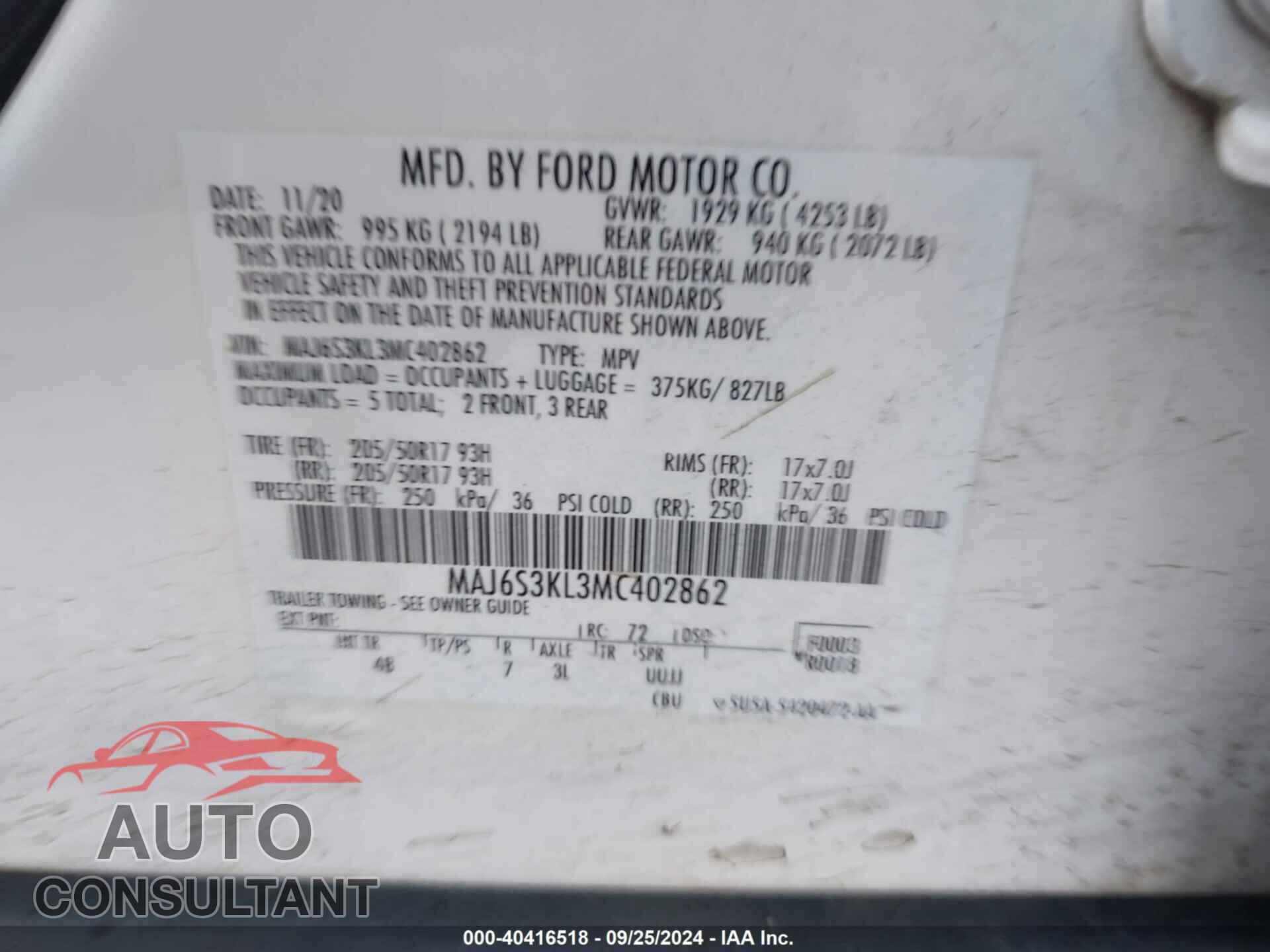 FORD ECOSPORT 2021 - MAJ6S3KL3MC402862