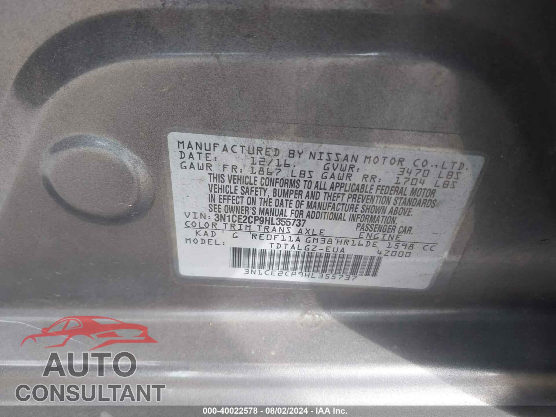 NISSAN VERSA NOTE 2017 - 3N1CE2CP9HL355737