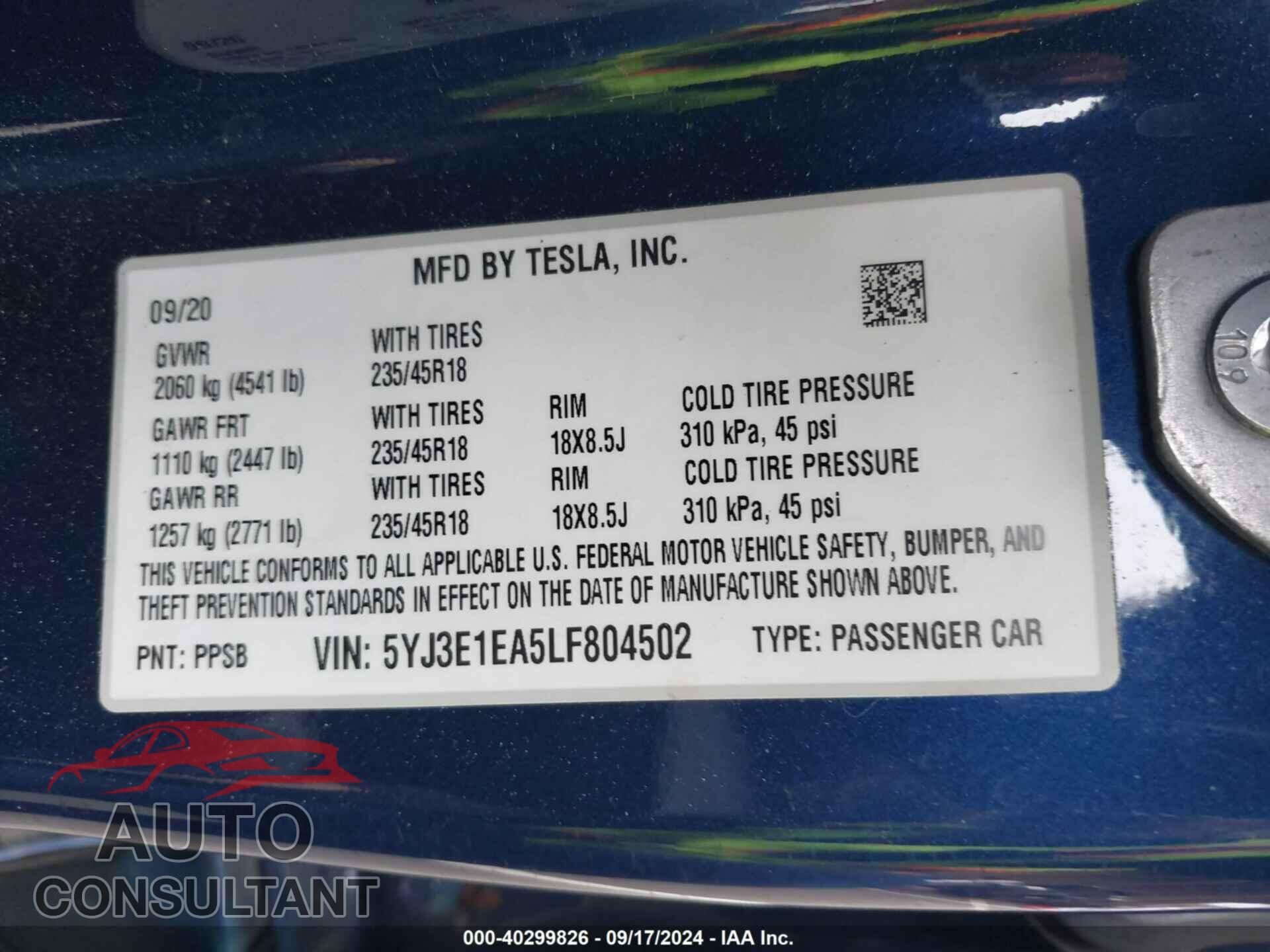 TESLA MODEL 3 2020 - 5YJ3E1EA5LF804502