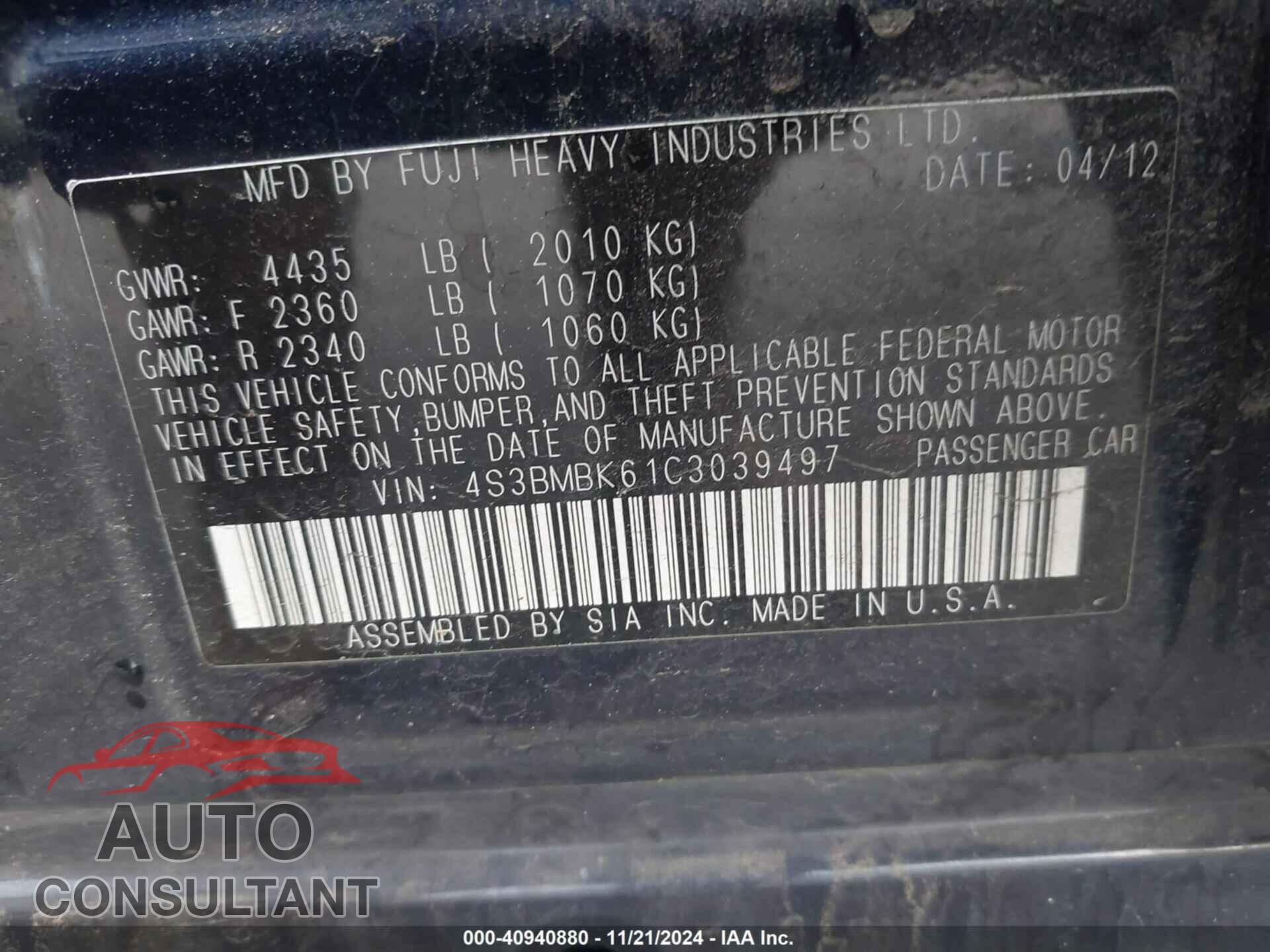 SUBARU LEGACY 2012 - 4S3BMBK61C3039497