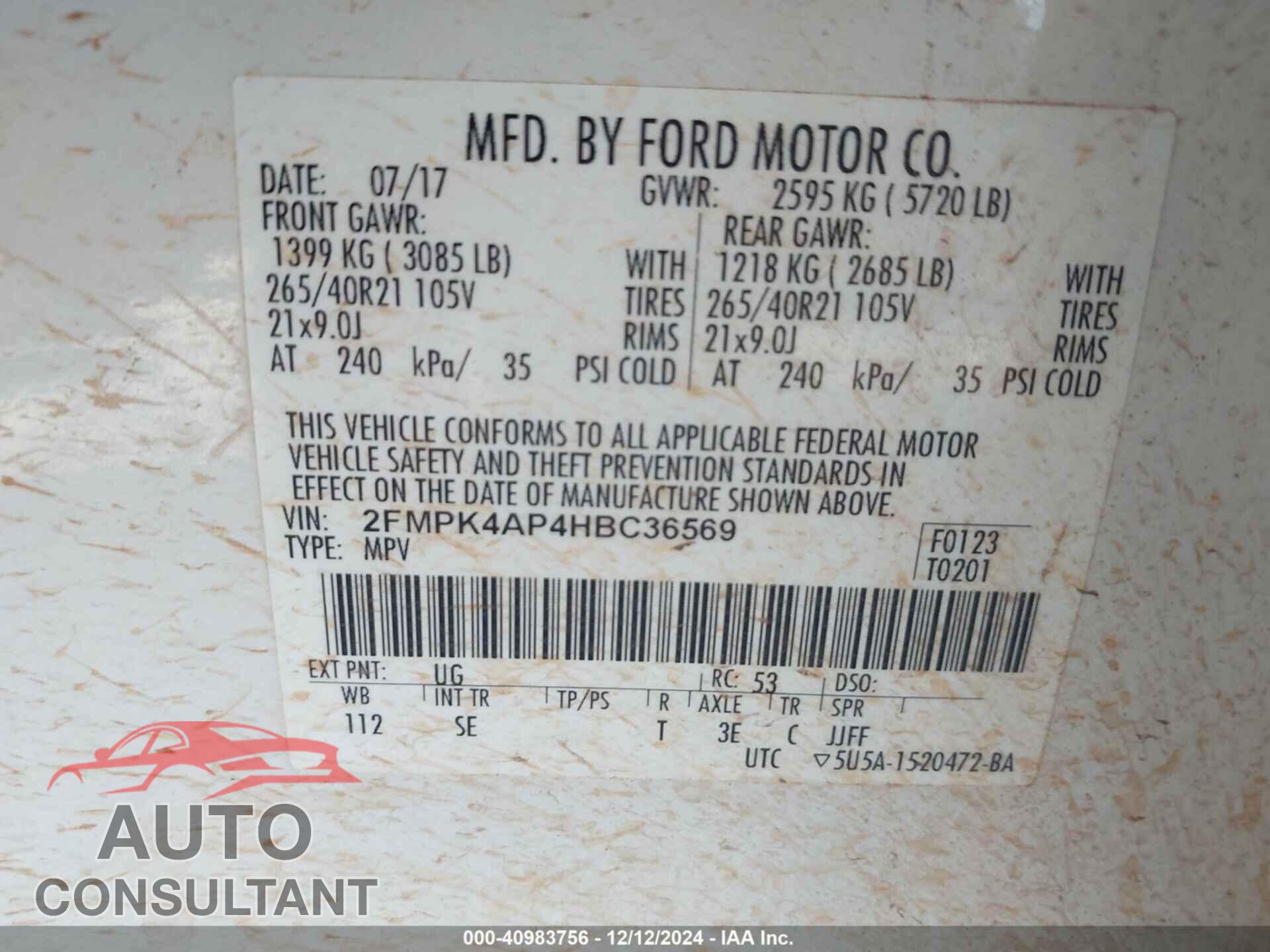 FORD EDGE 2017 - 2FMPK4AP4HBC36569