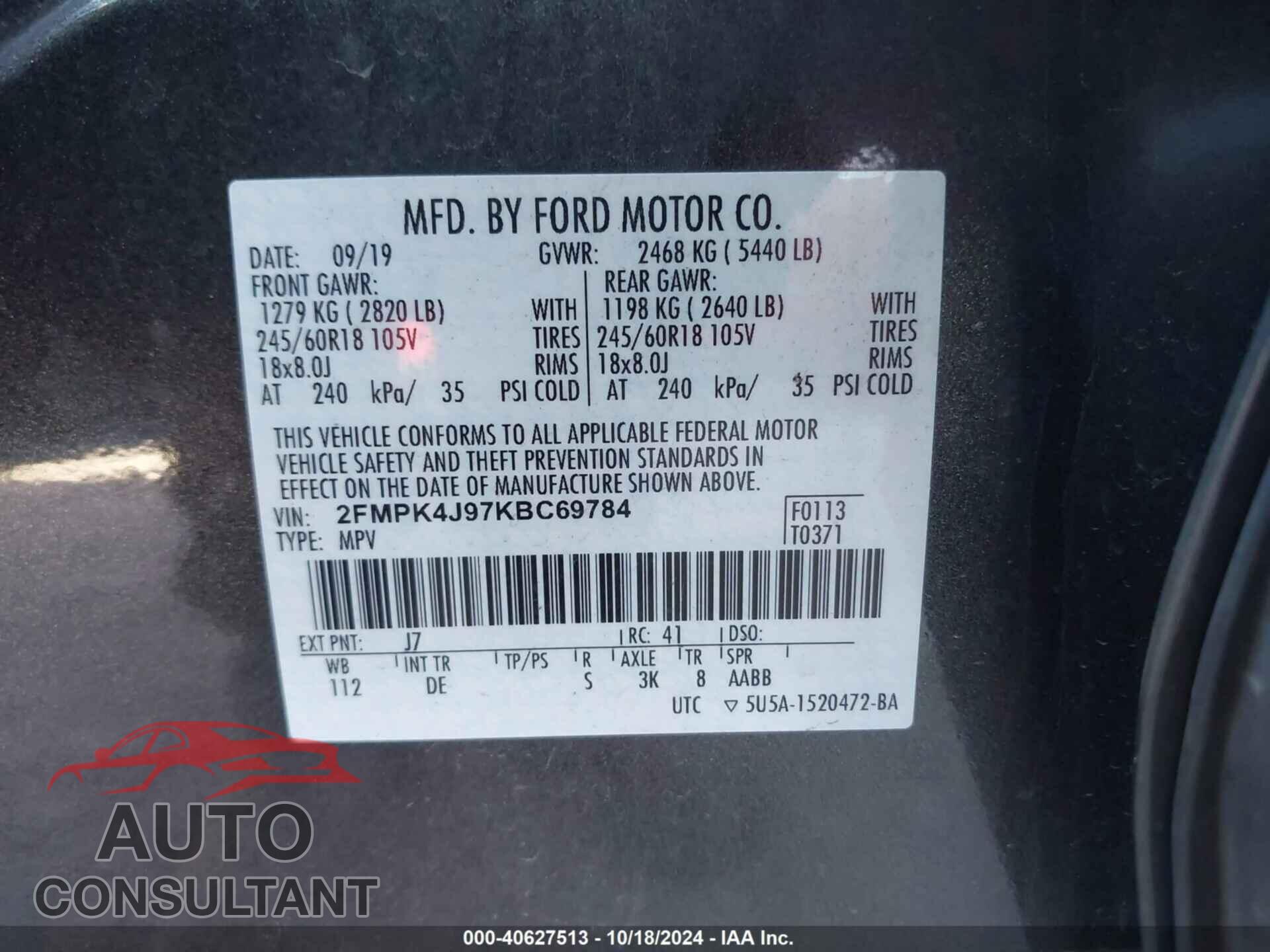FORD EDGE 2019 - 2FMPK4J97KBC69784