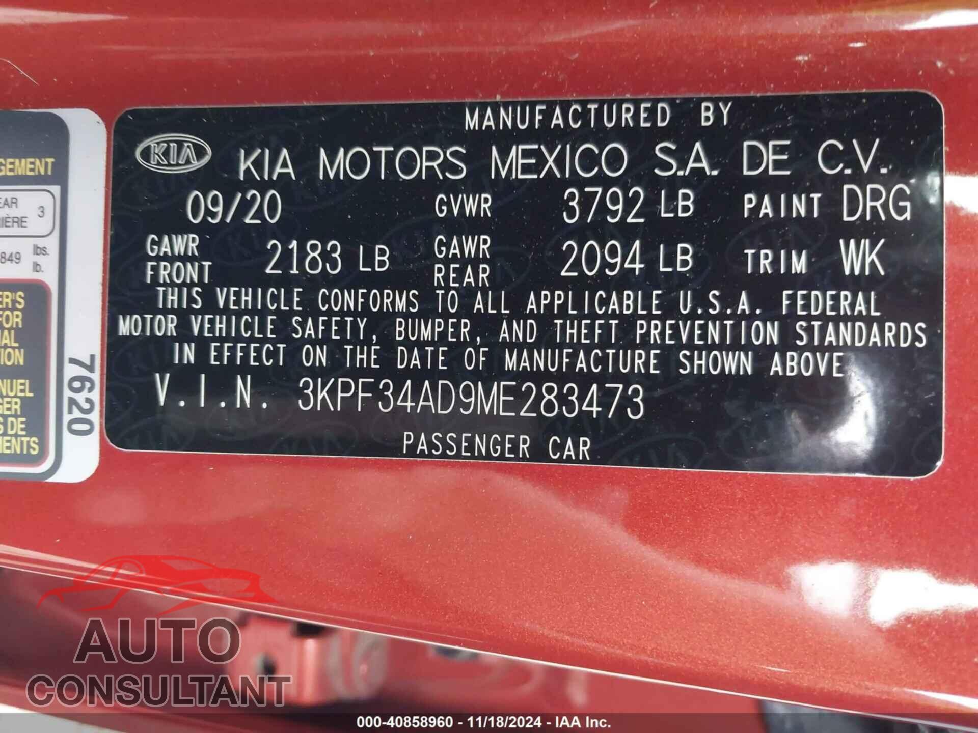 KIA FORTE 2021 - 3KPF34AD9ME283473
