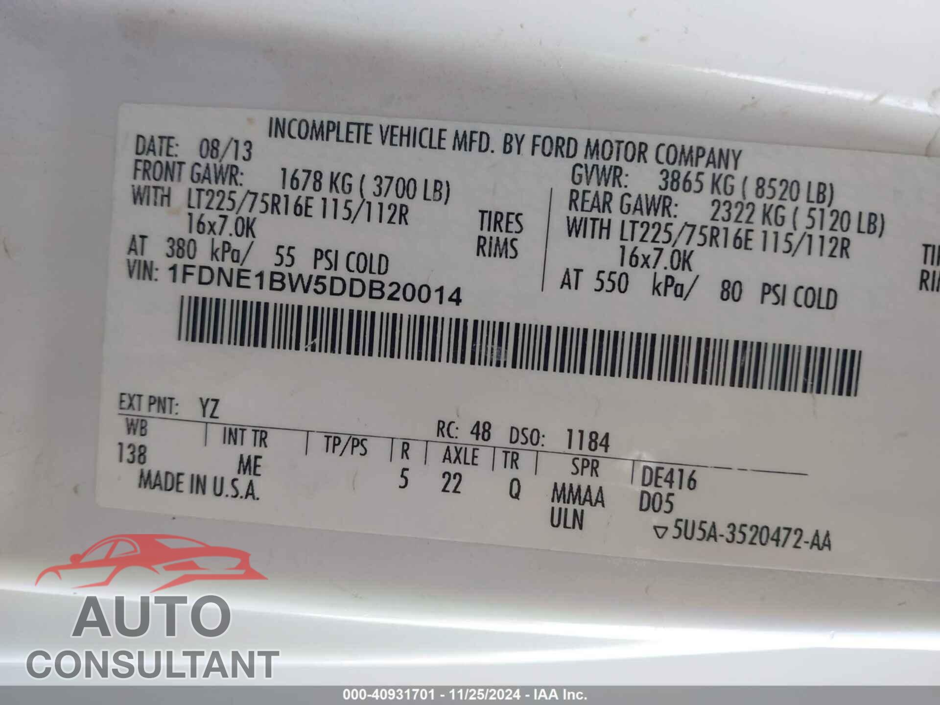 FORD E-150 2013 - 1FDNE1BW5DDB20014