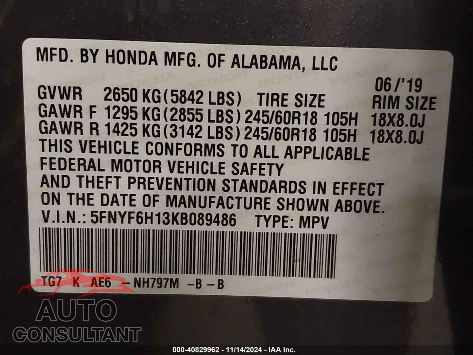 HONDA PILOT 2019 - 5FNYF6H13KB089486