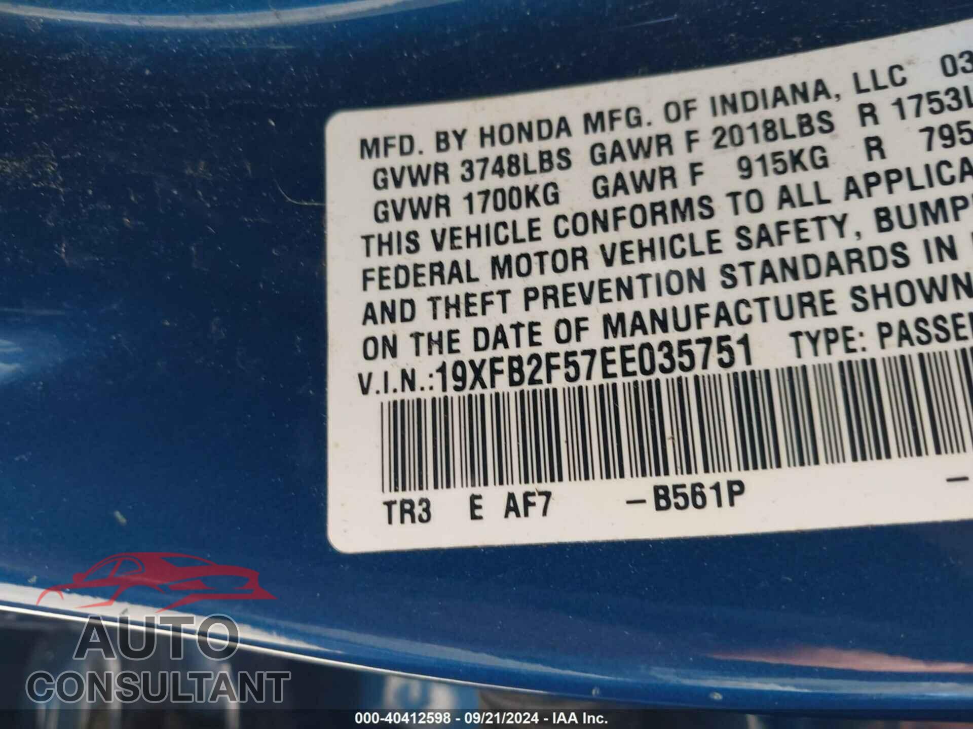 HONDA CIVIC 2014 - 19XFB2F57EE035751