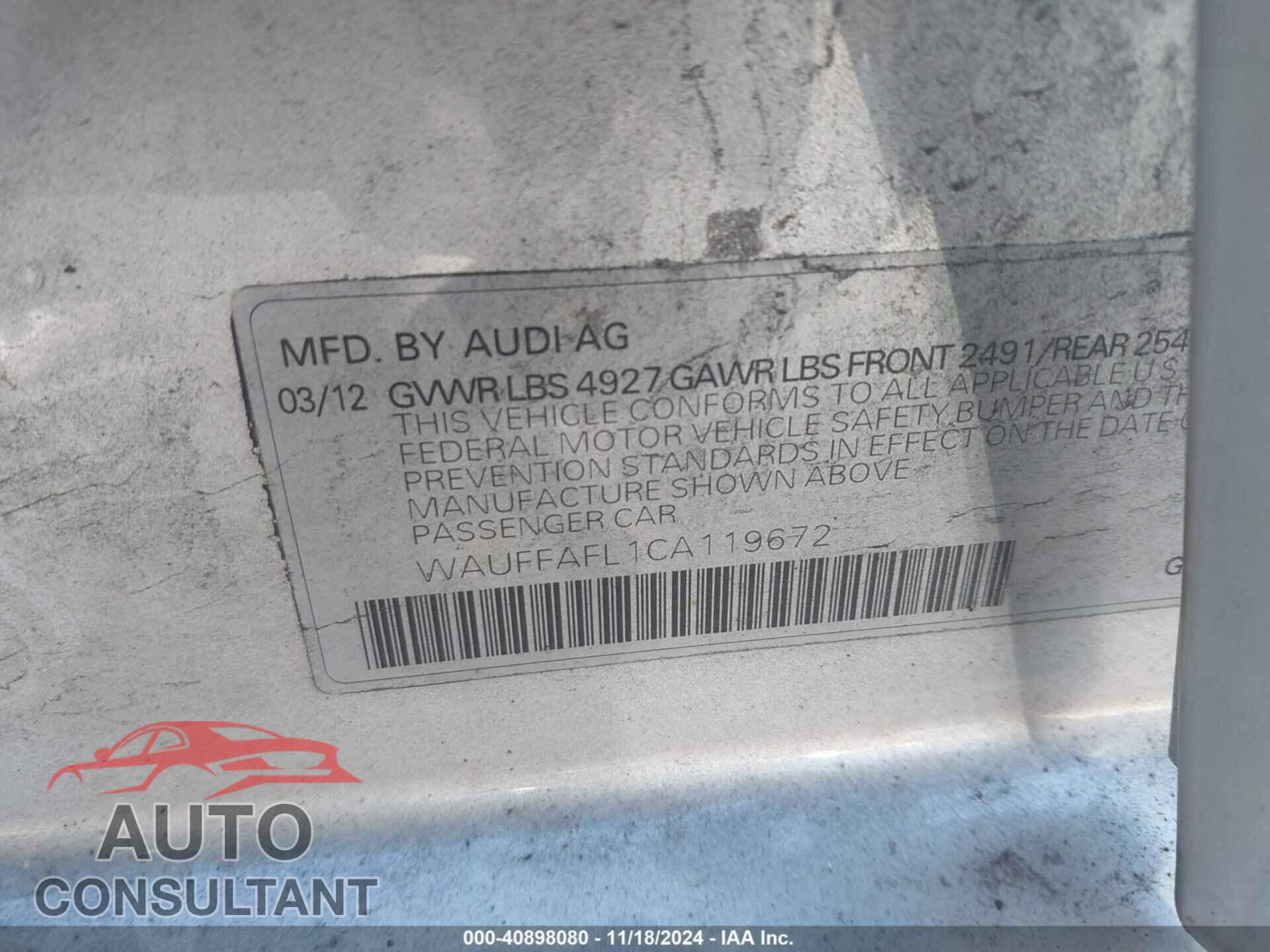 AUDI A4 2012 - WAUFFAFL1CA119672