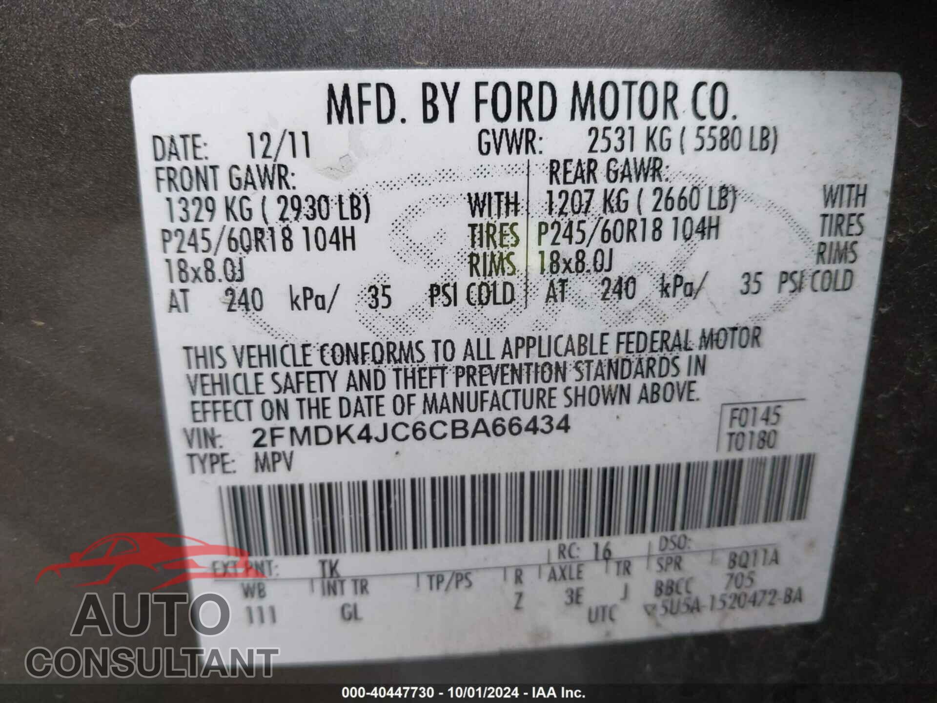 FORD EDGE 2012 - 2FMDK4JC6CBA66434