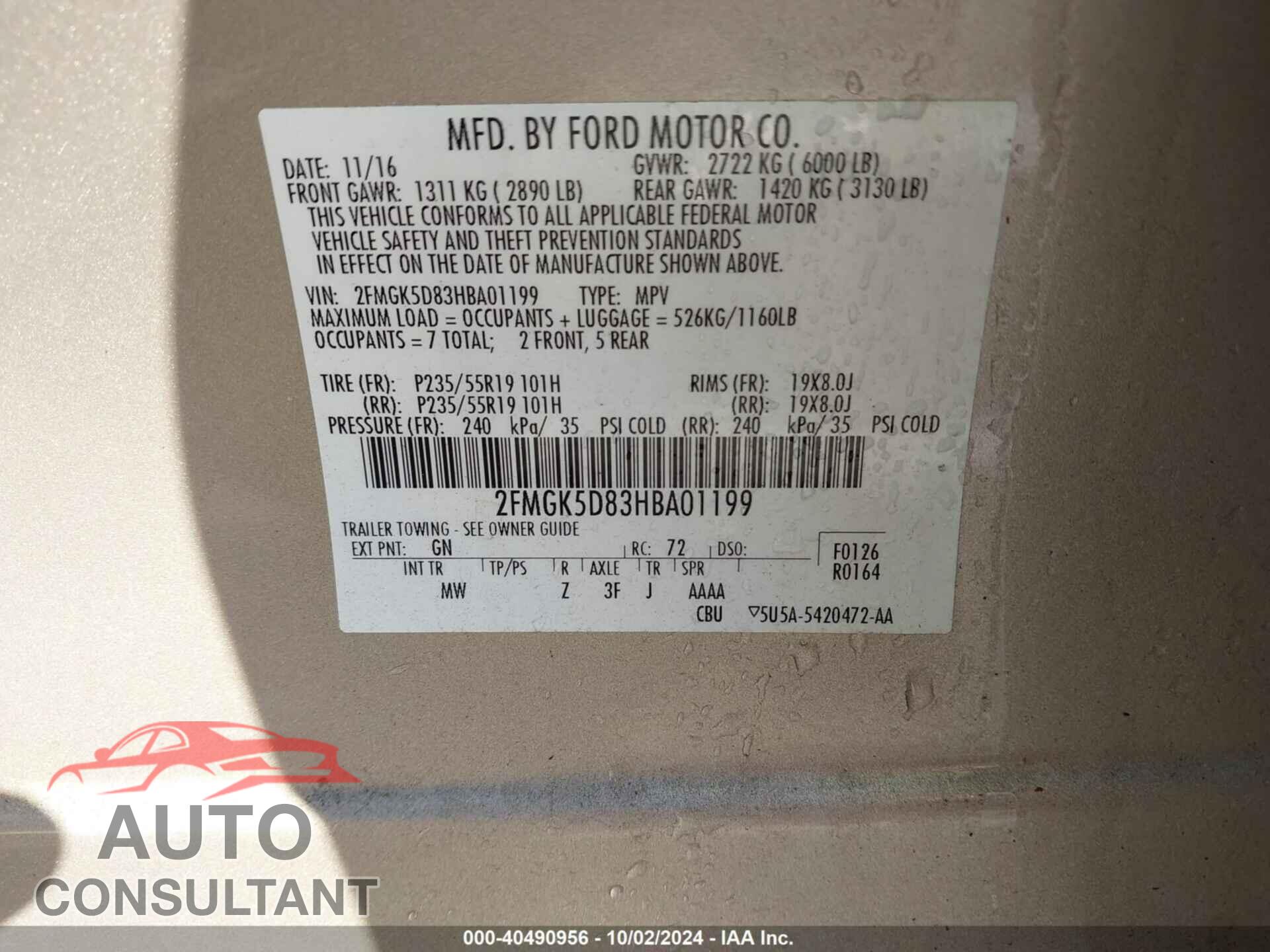 FORD FLEX 2017 - 2FMGK5D83HBA01199