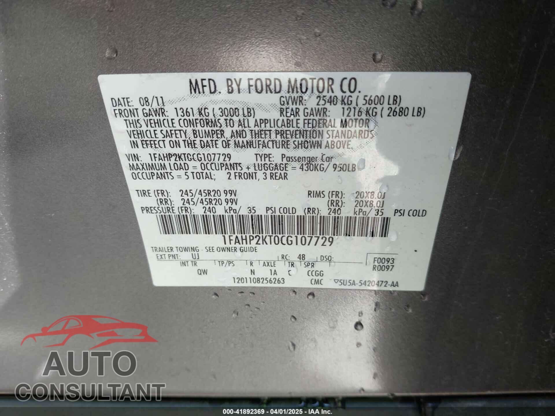 FORD TAURUS 2012 - 1FAHP2KT0CG107729